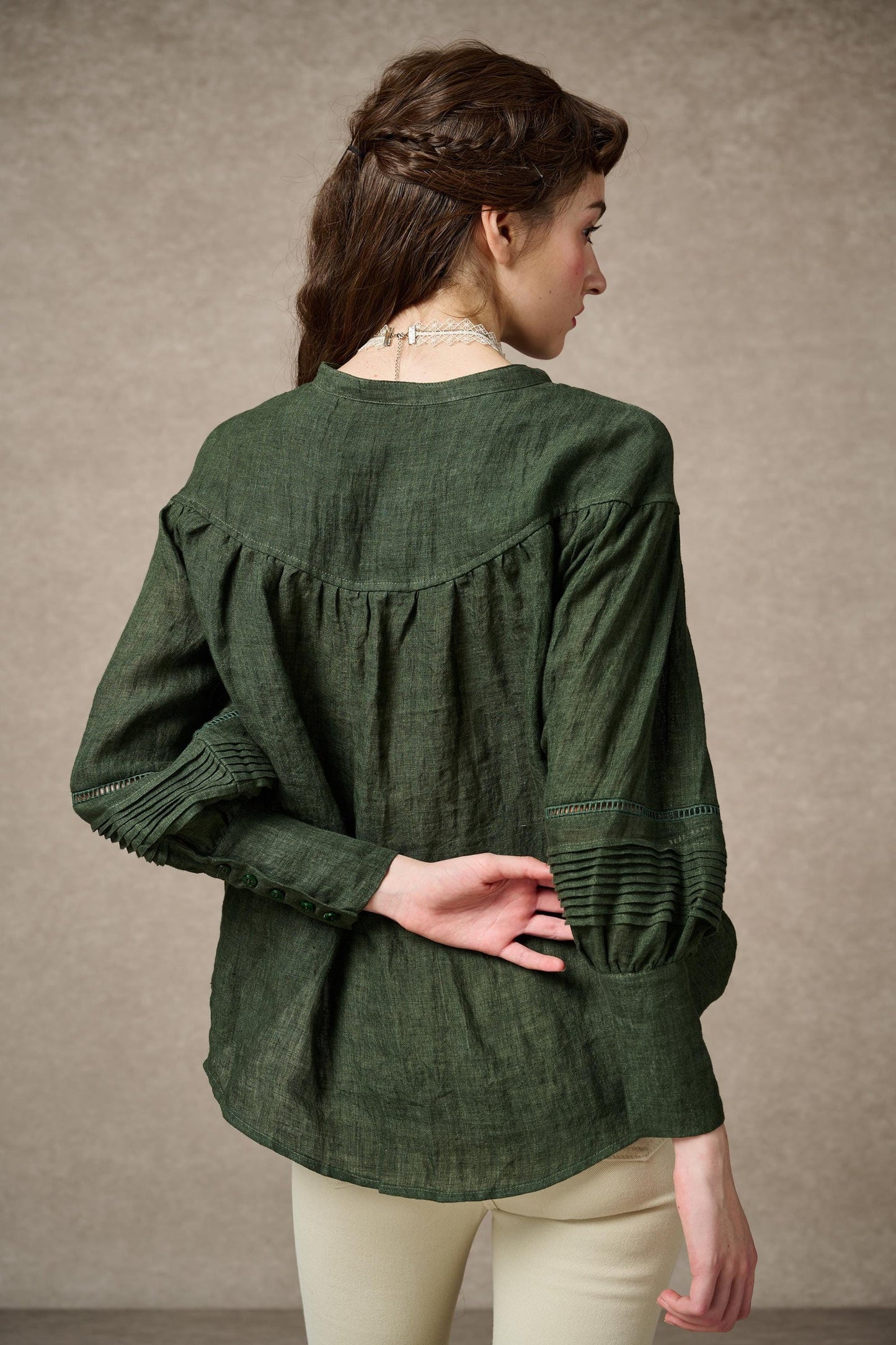 NERIA FOREST GREEN LACE UP LINEN SHIRT BLOUSE