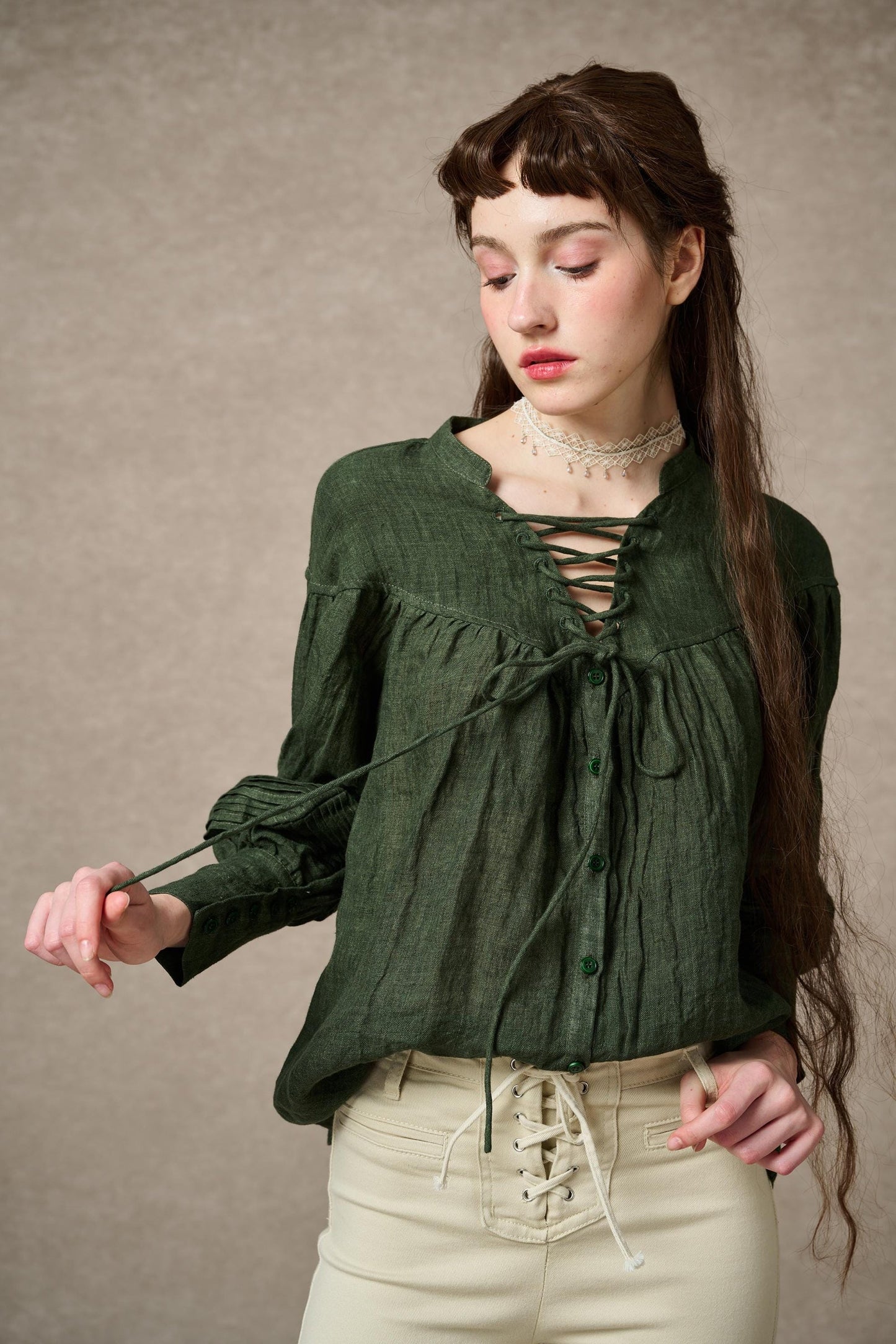 NERIA FOREST GREEN LACE UP LINEN SHIRT BLOUSE