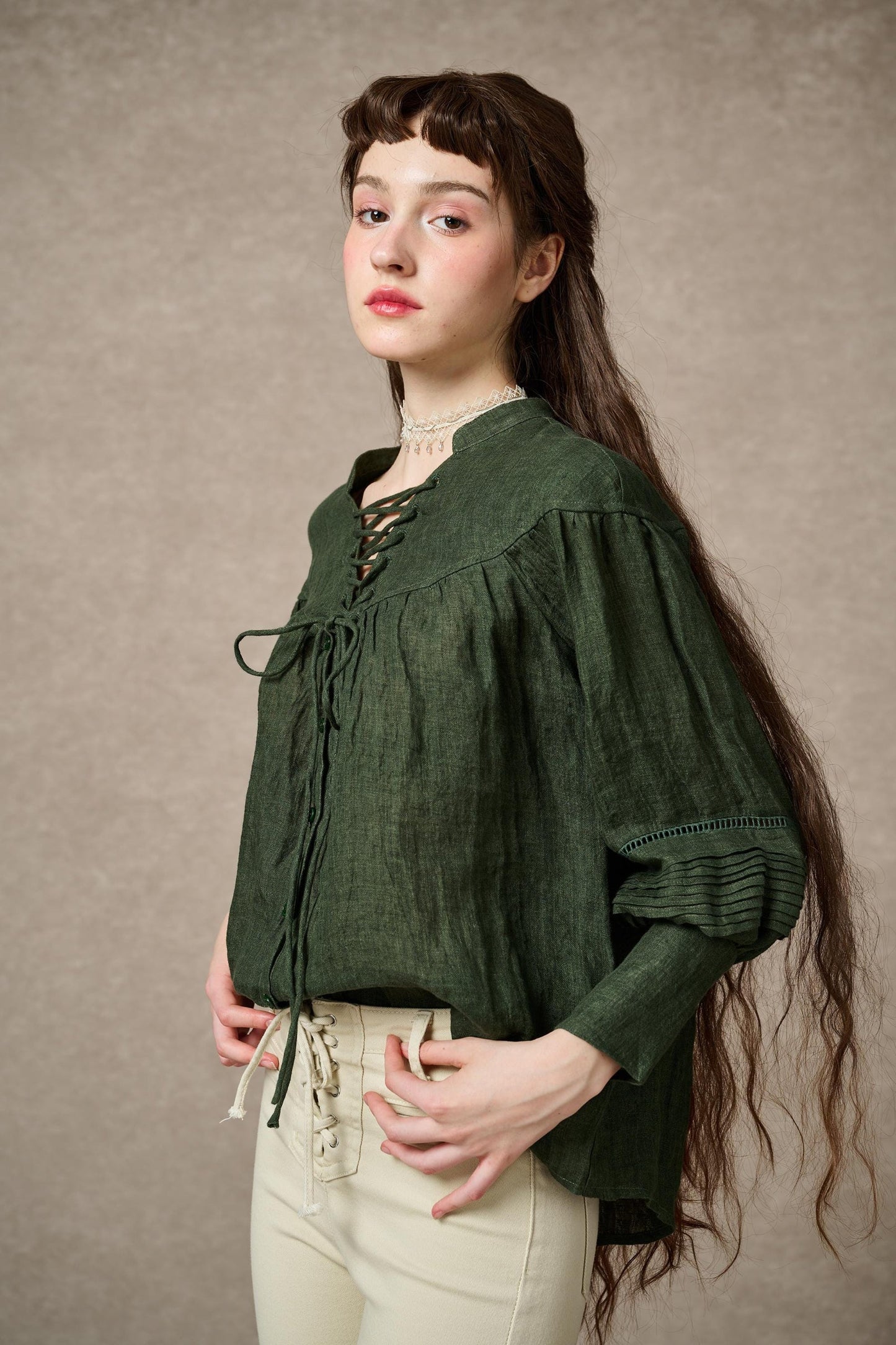 NERIA FOREST GREEN LACE UP LINEN SHIRT BLOUSE