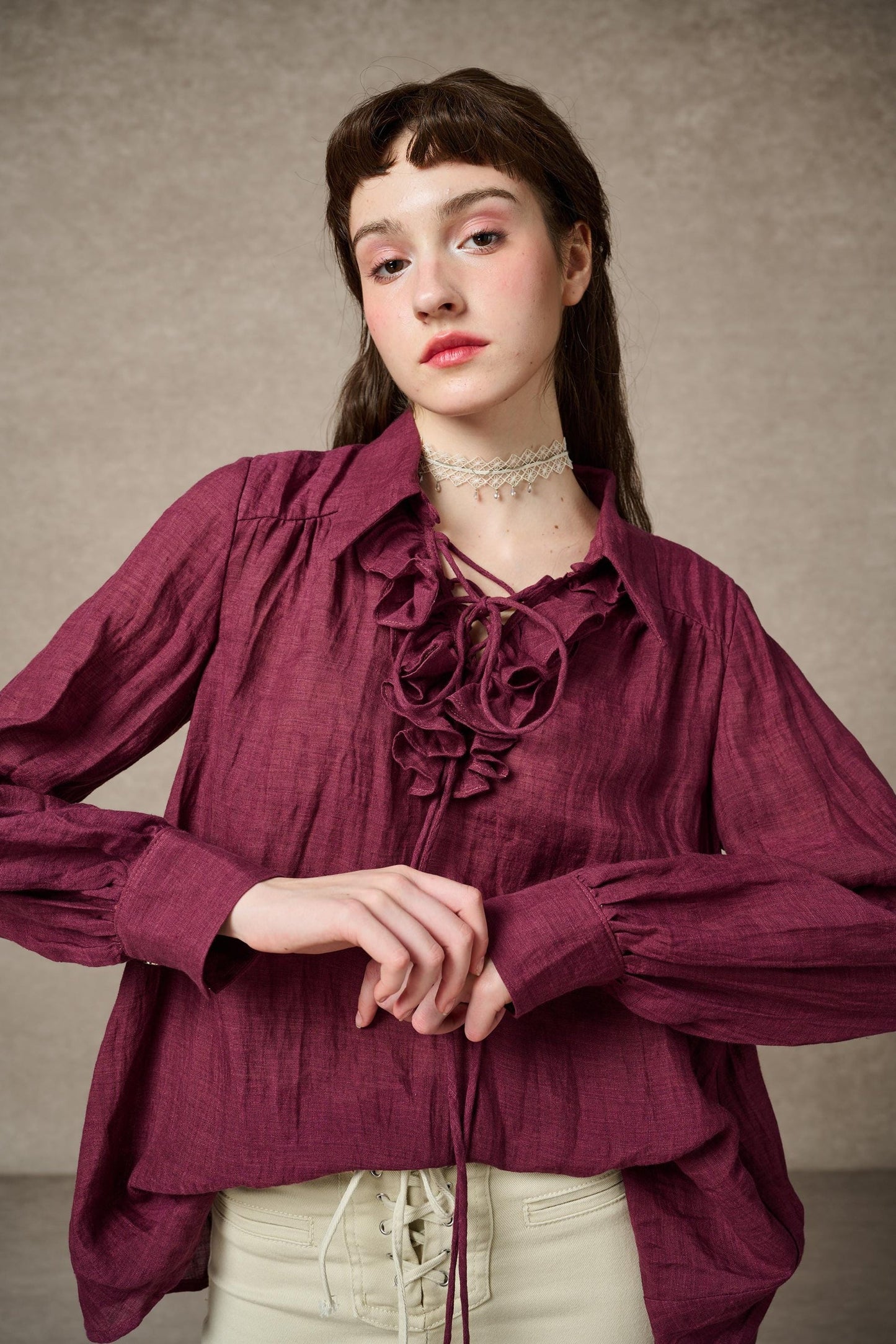 LAUREL LACE-UP LINEN BLOUSE SHIRT