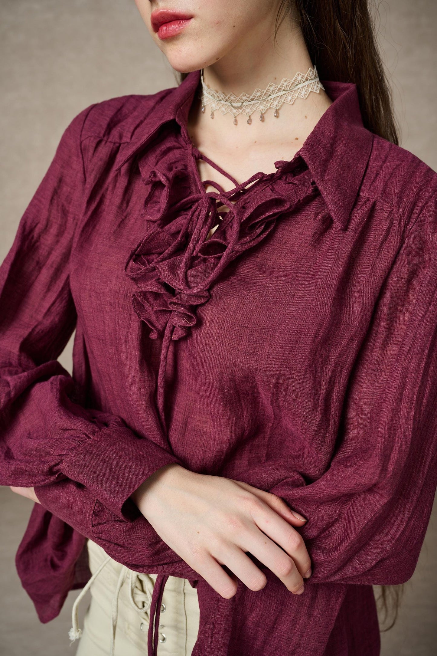 LAUREL LACE-UP LINEN BLOUSE SHIRT