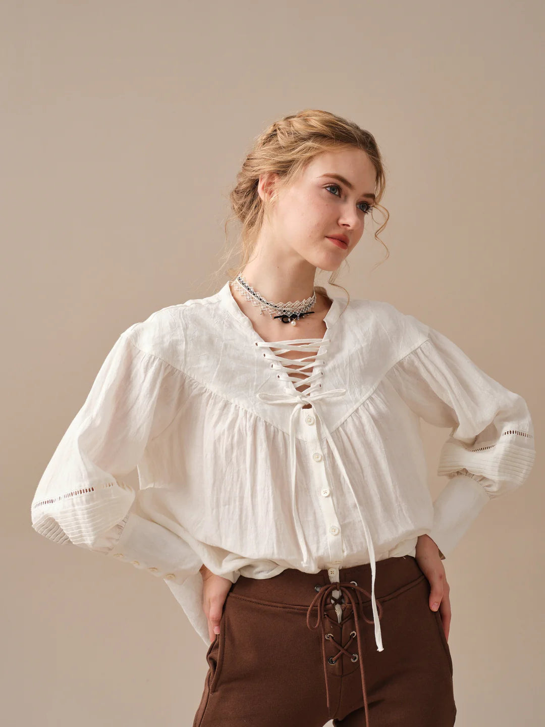 NERIA FOREST GREEN LACE UP LINEN SHIRT BLOUSE