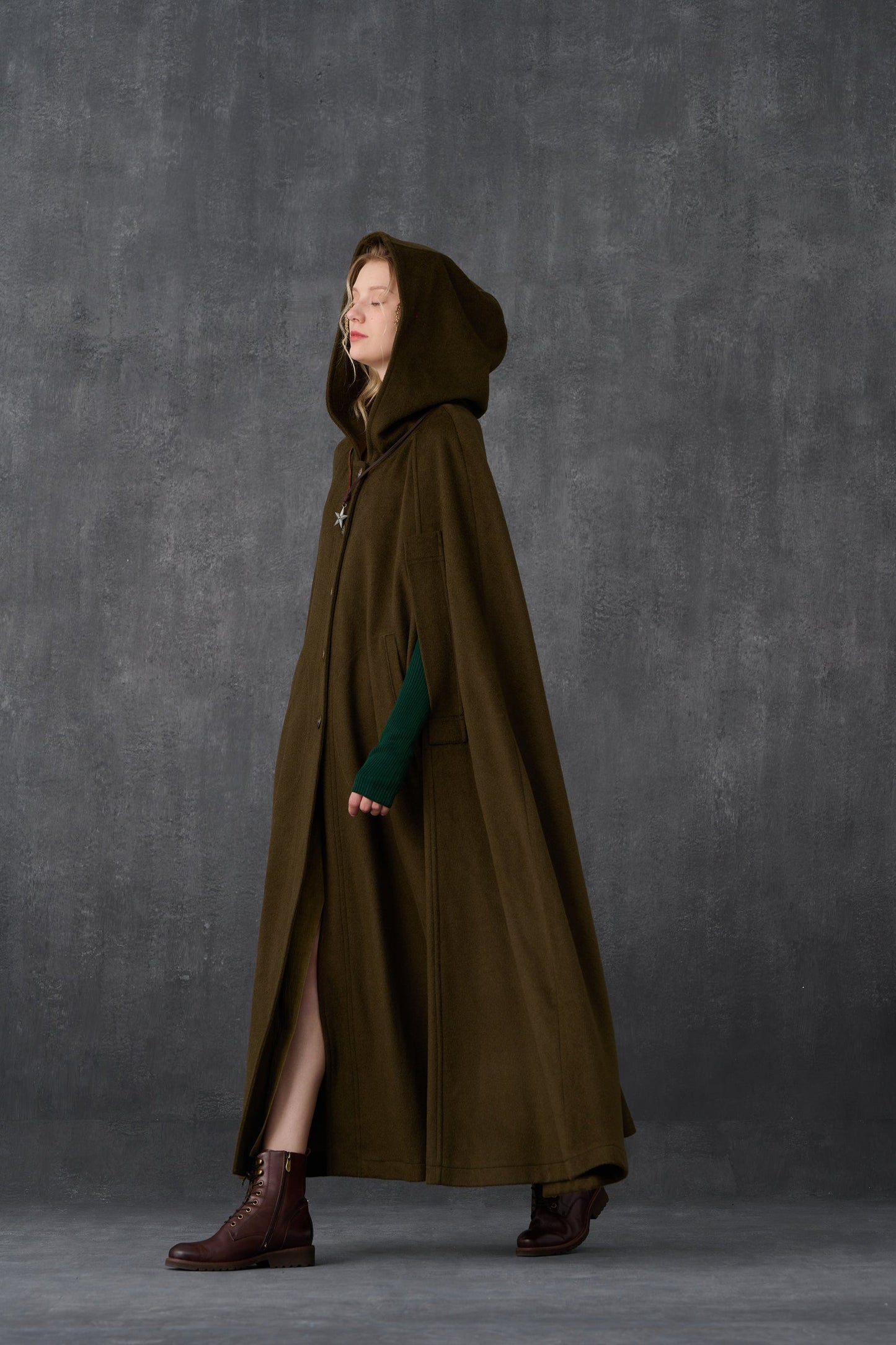 PARINI OLIVE MAXI HOODED WOOL CLOAK COAT