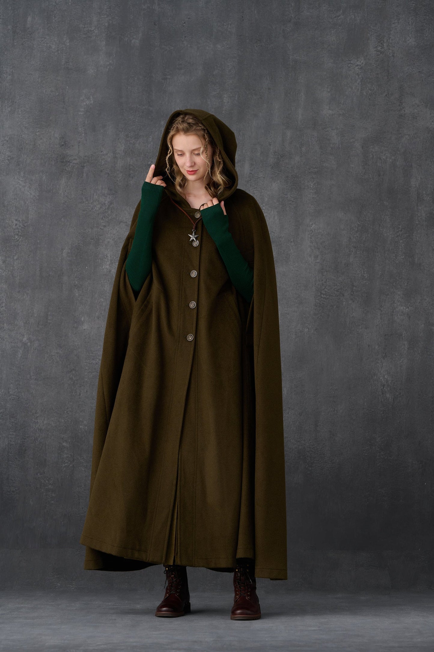 PARINI OLIVE MAXI HOODED WOOL CLOAK COAT