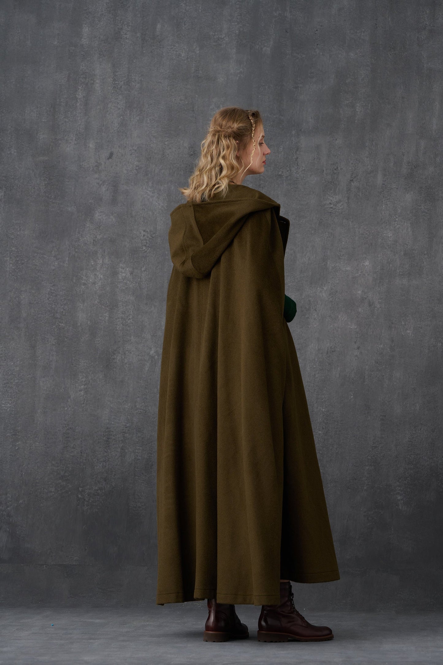 PARINI OLIVE MAXI HOODED WOOL CLOAK COAT