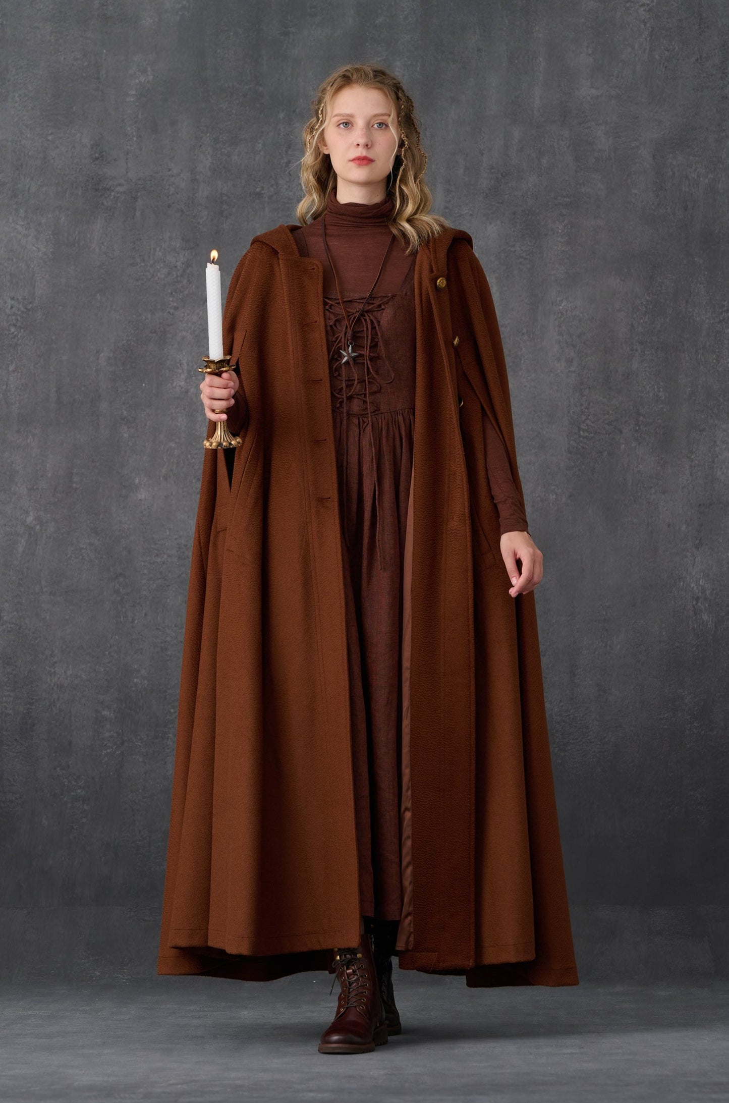 PARINI BROWN MAXI HOODED WOOL CLOAK COAT