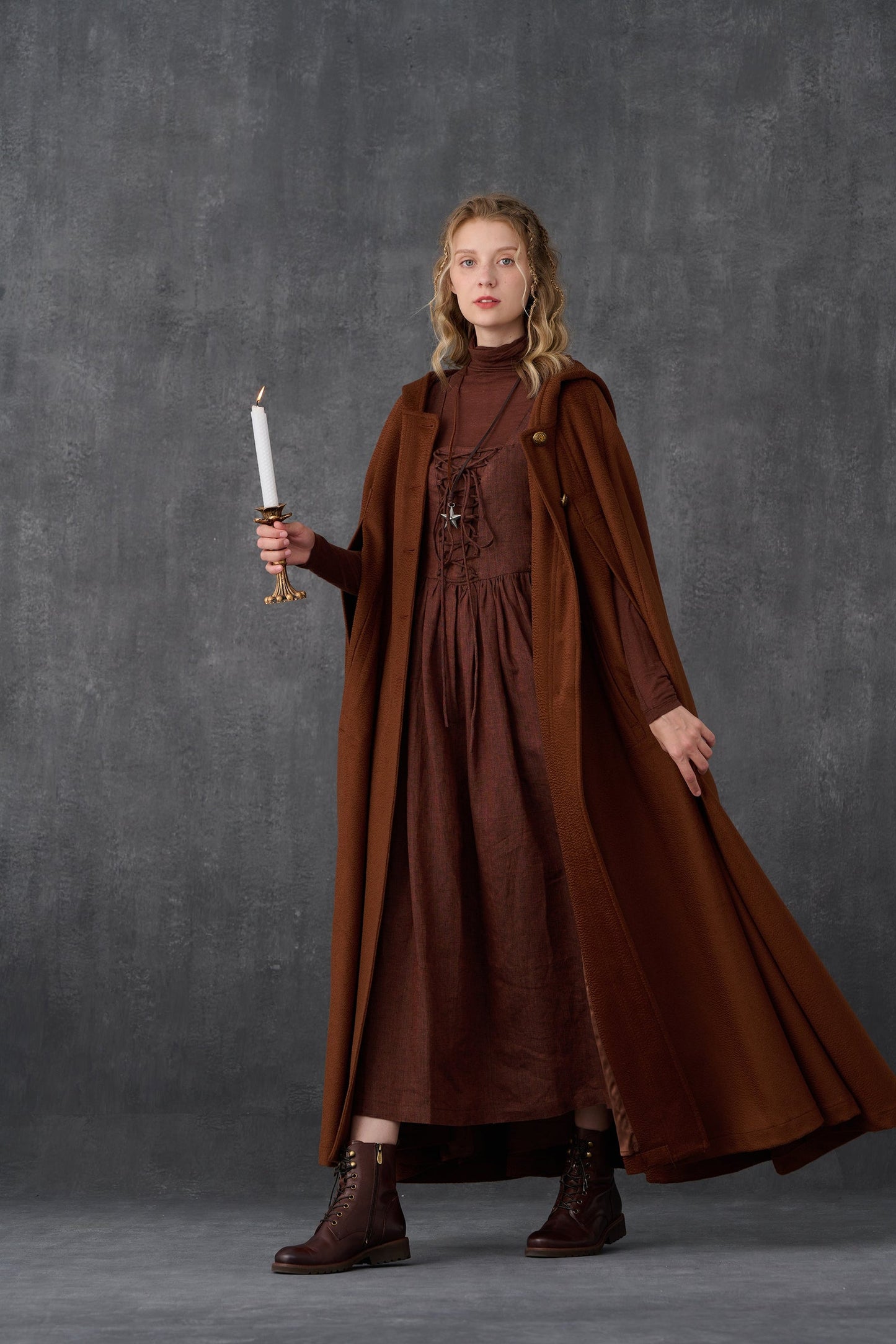 PARINI BROWN MAXI HOODED WOOL CLOAK COAT