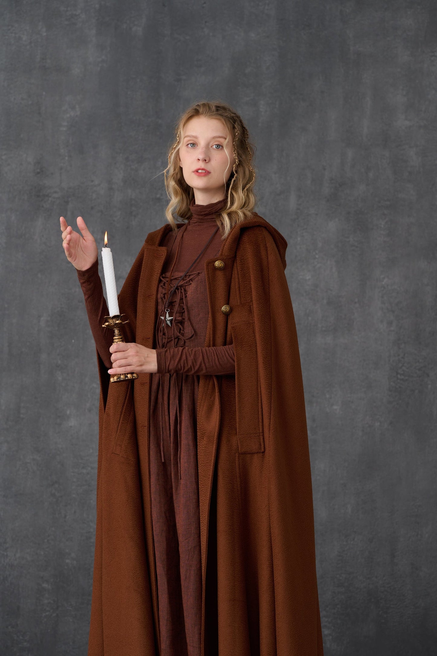 PARINI BROWN MAXI HOODED WOOL CLOAK COAT