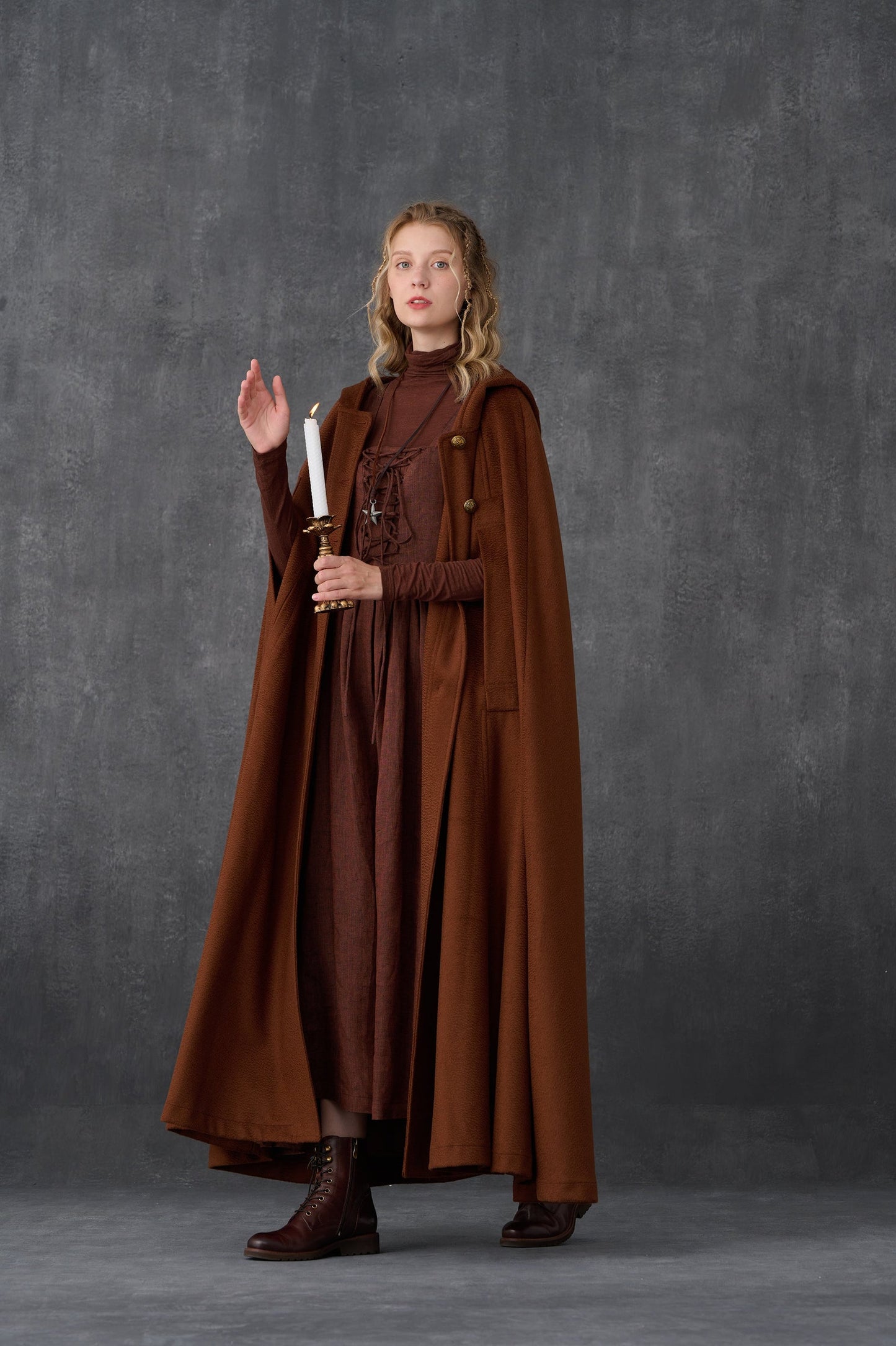 PARINI BROWN MAXI HOODED WOOL CLOAK COAT