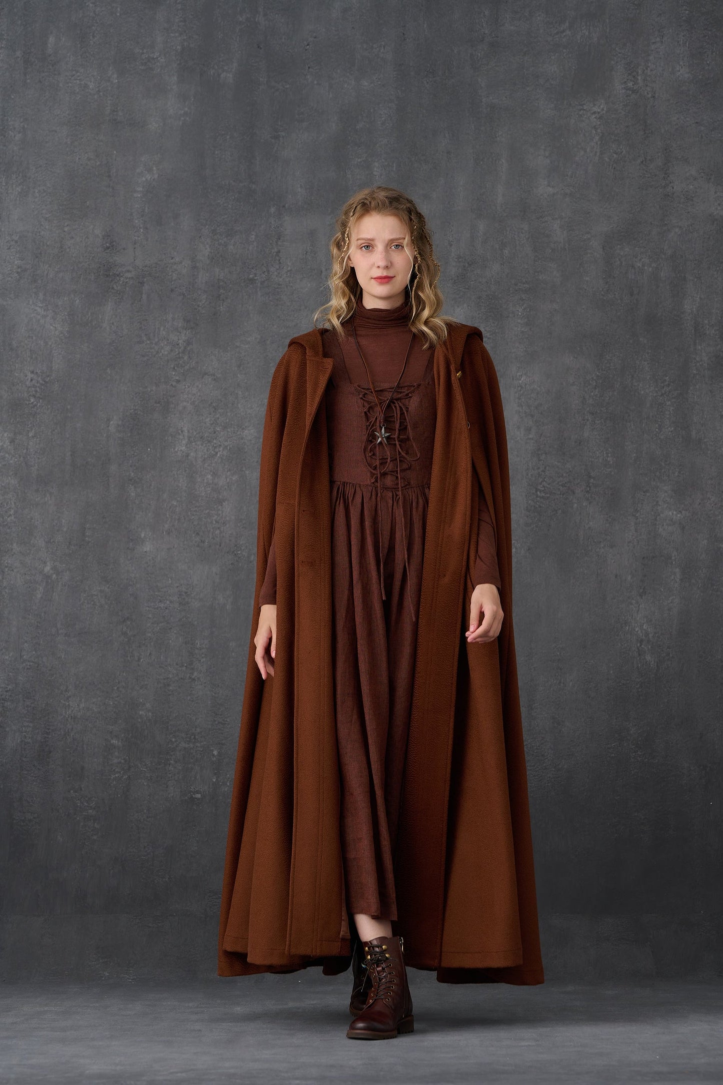 PARINI BROWN MAXI HOODED WOOL CLOAK COAT