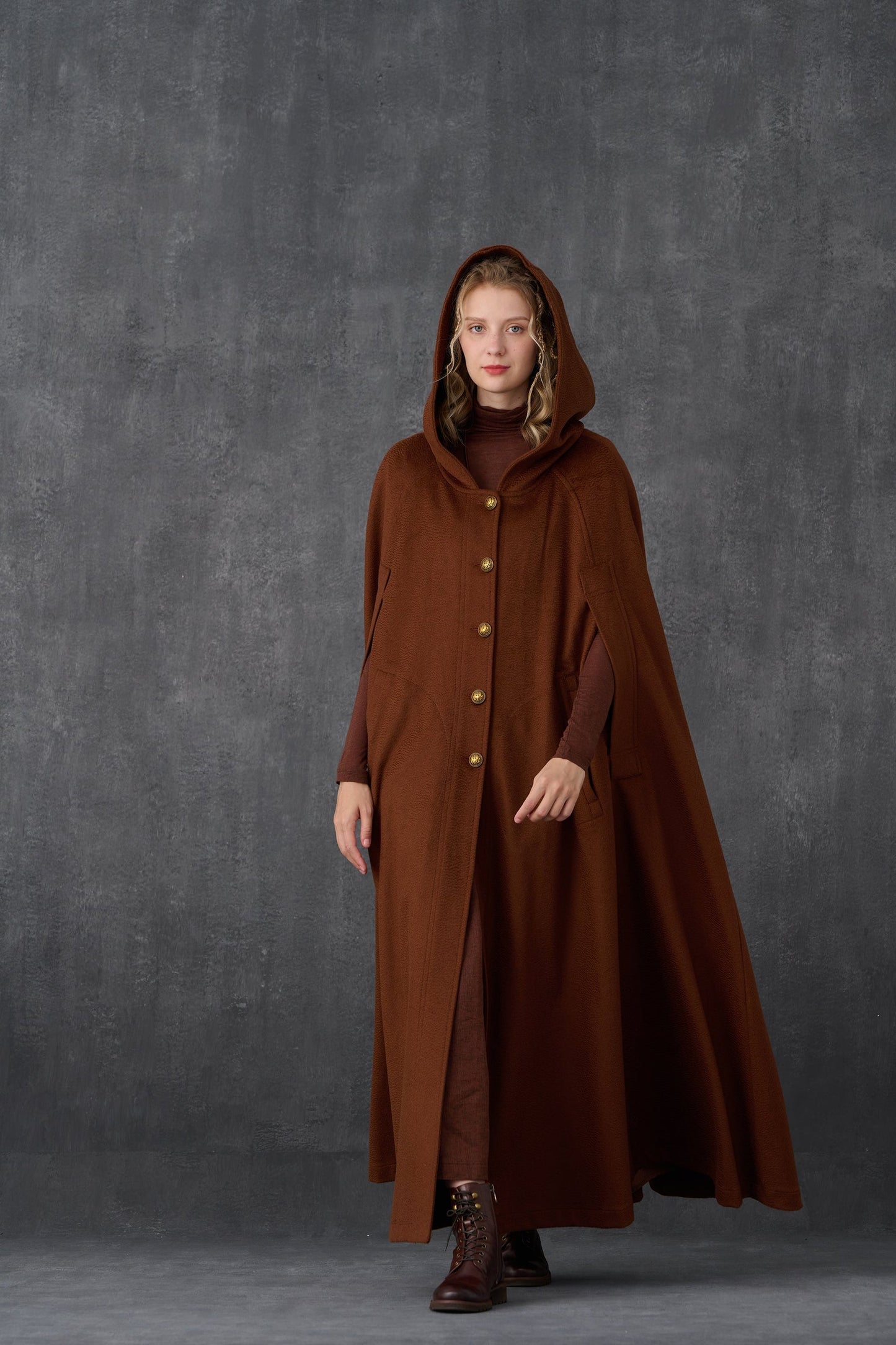 PARINI BROWN MAXI HOODED WOOL CLOAK COAT