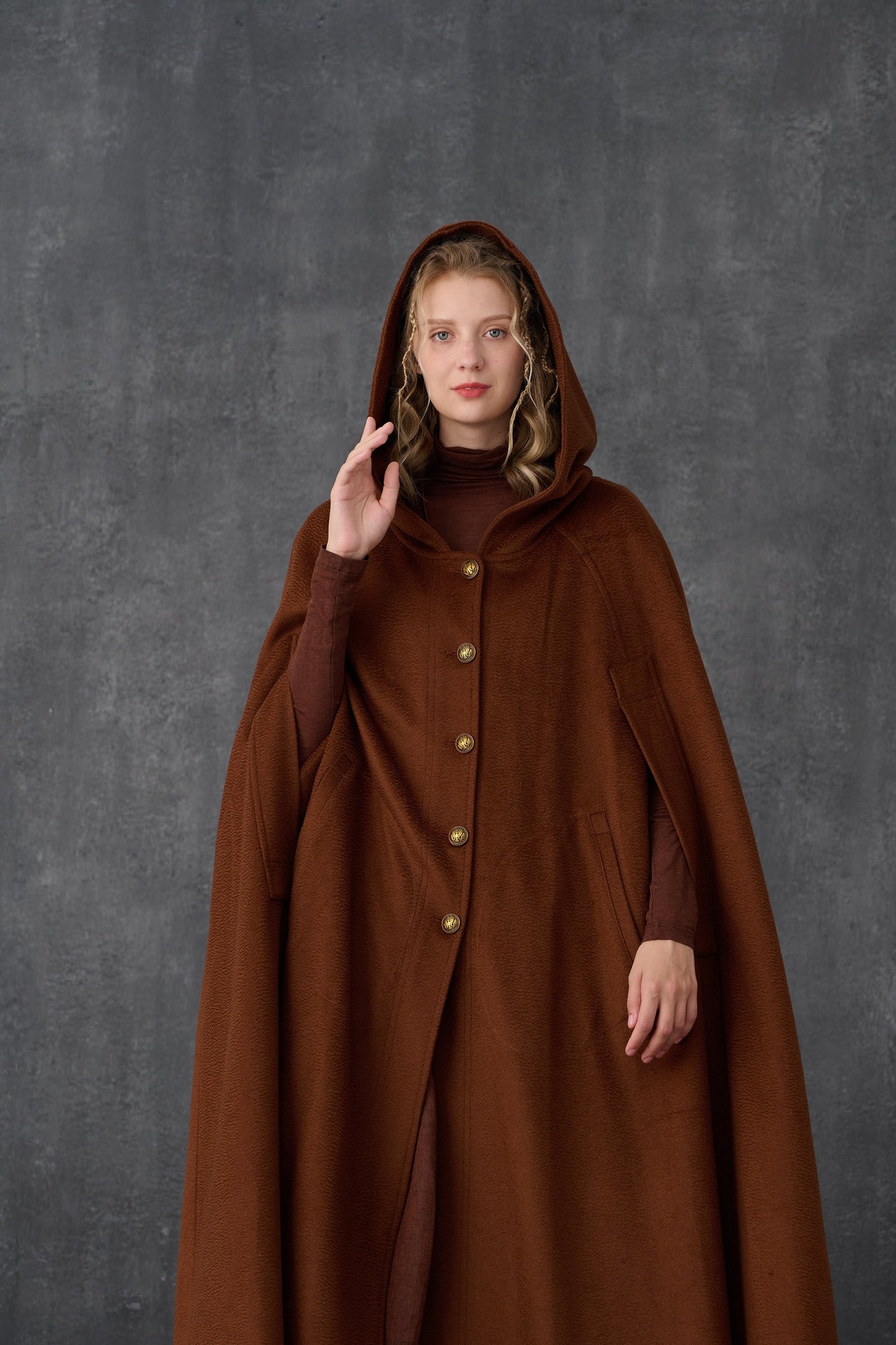 PARINI BROWN MAXI HOODED WOOL CLOAK COAT