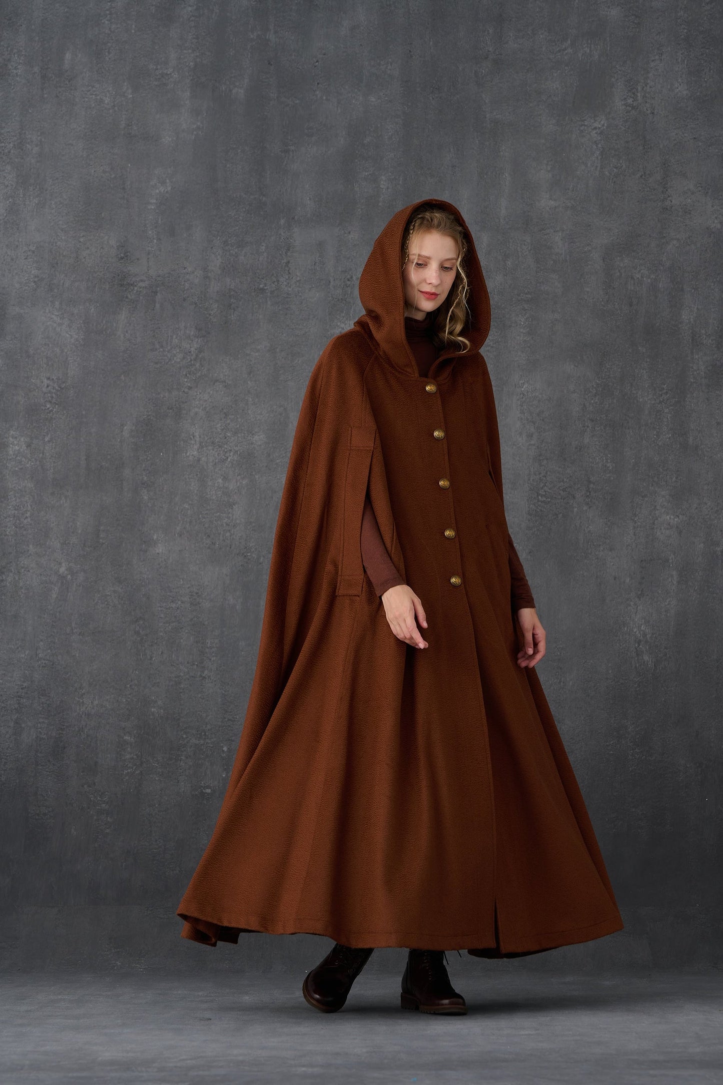 PARINI BROWN MAXI HOODED WOOL CLOAK COAT