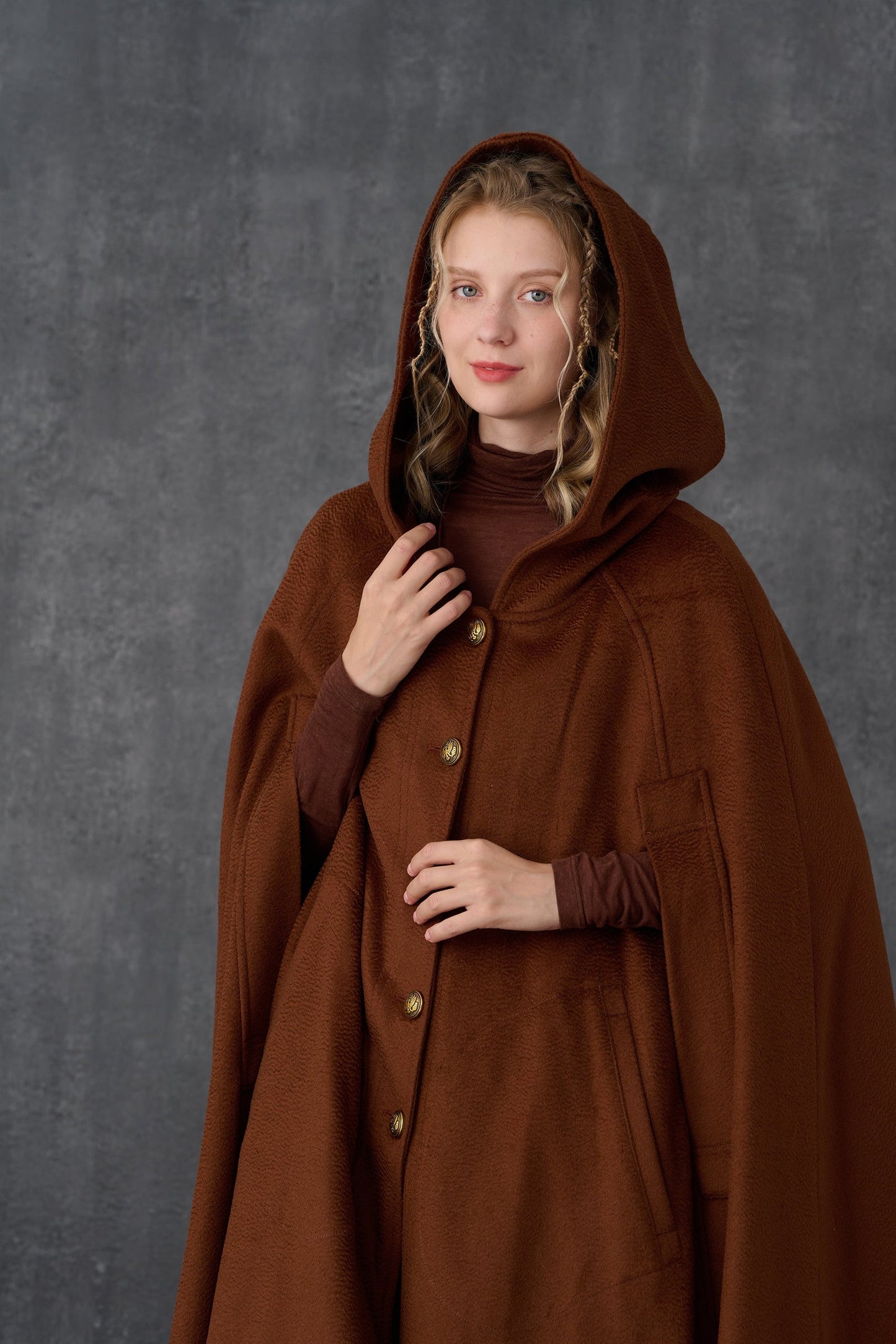 PARINI BROWN MAXI HOODED WOOL CLOAK COAT