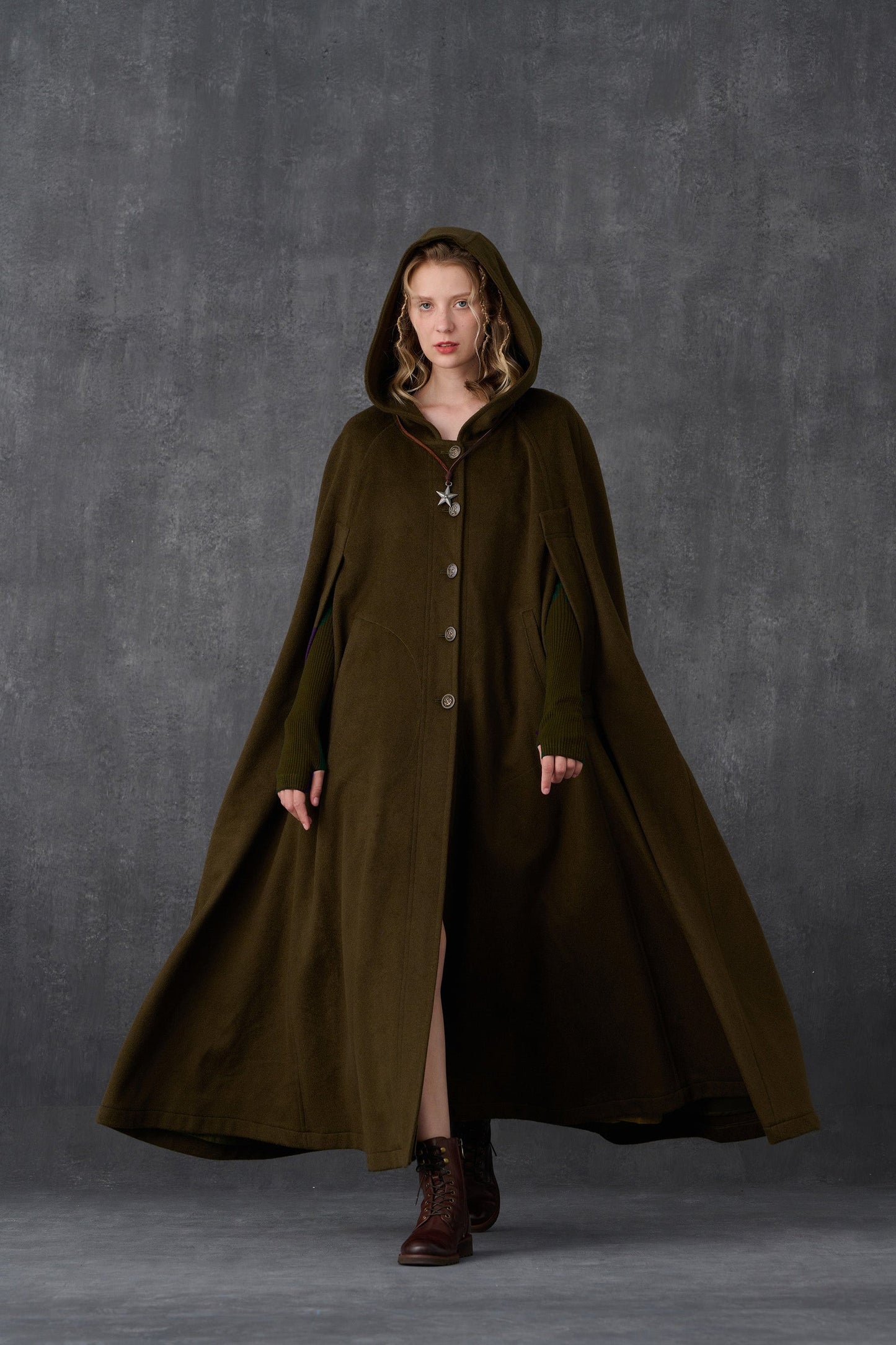 PARINI BROWN MAXI HOODED WOOL CLOAK COAT