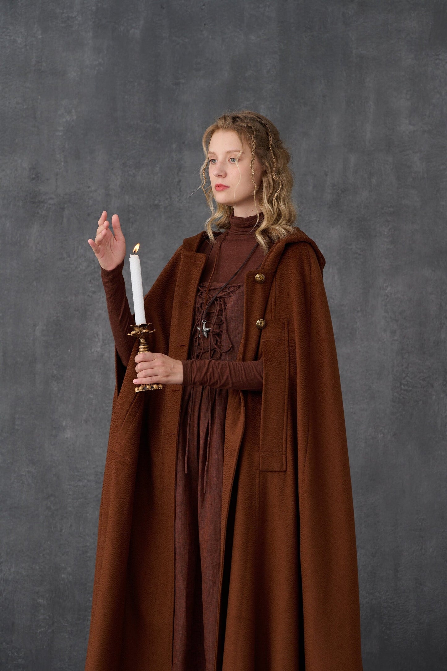 PARINI BROWN MAXI HOODED WOOL CLOAK COAT