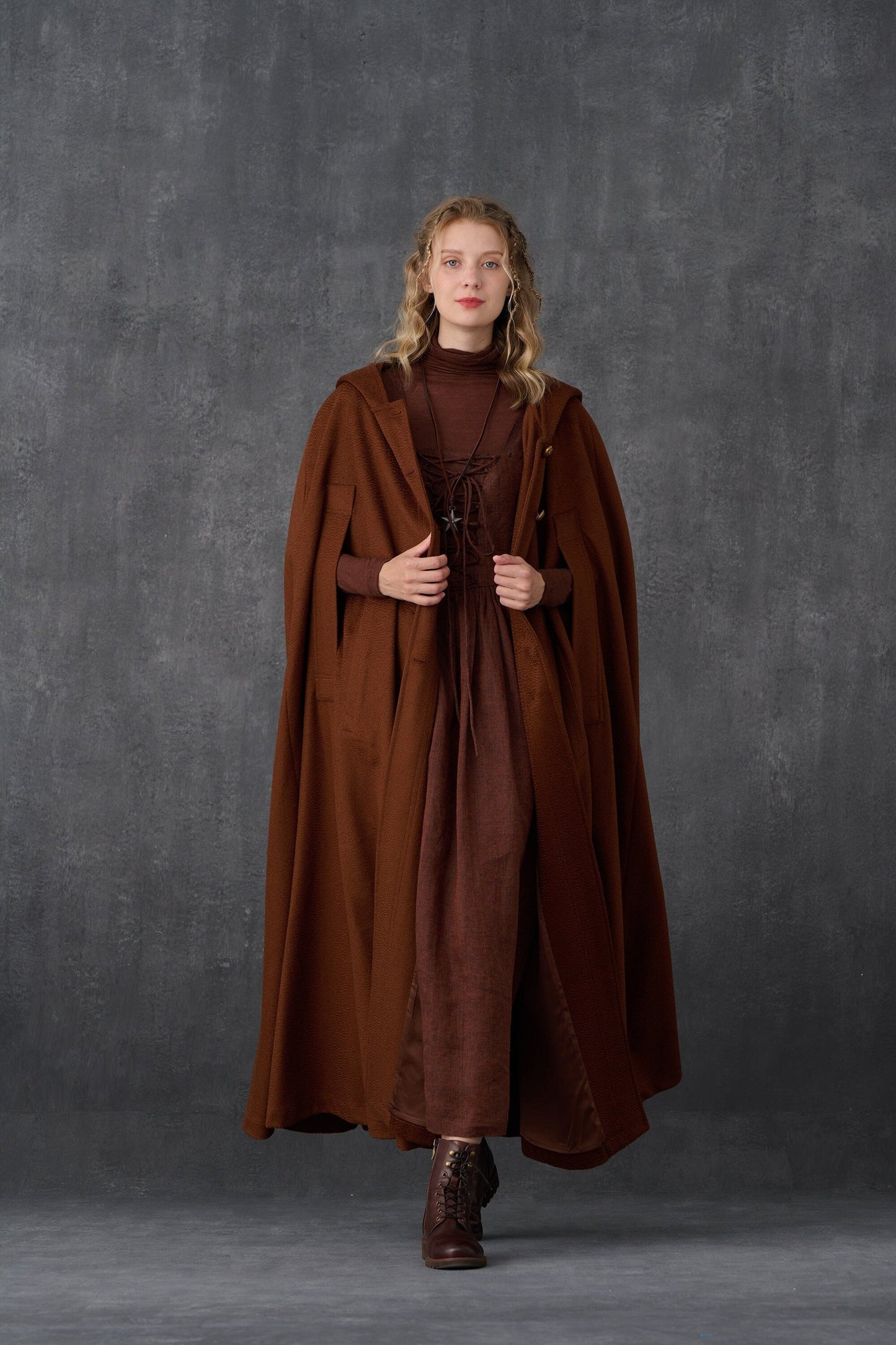 PARINI BROWN MAXI HOODED WOOL CLOAK COAT