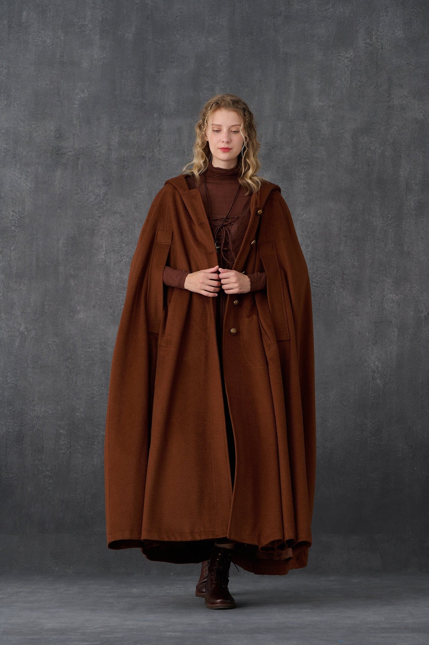 PARINI BROWN MAXI HOODED WOOL CLOAK COAT