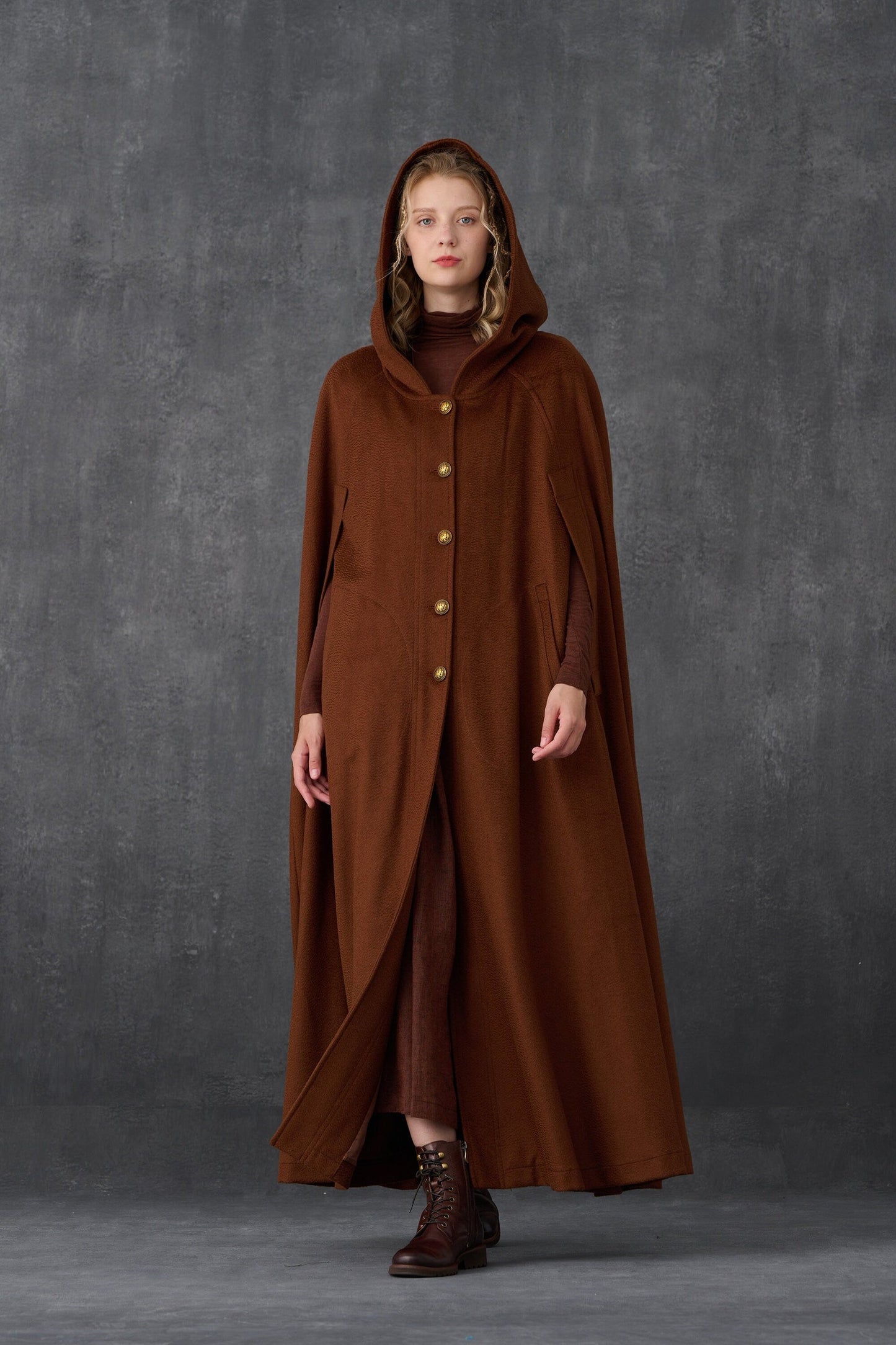 PARINI BROWN MAXI HOODED WOOL CLOAK COAT