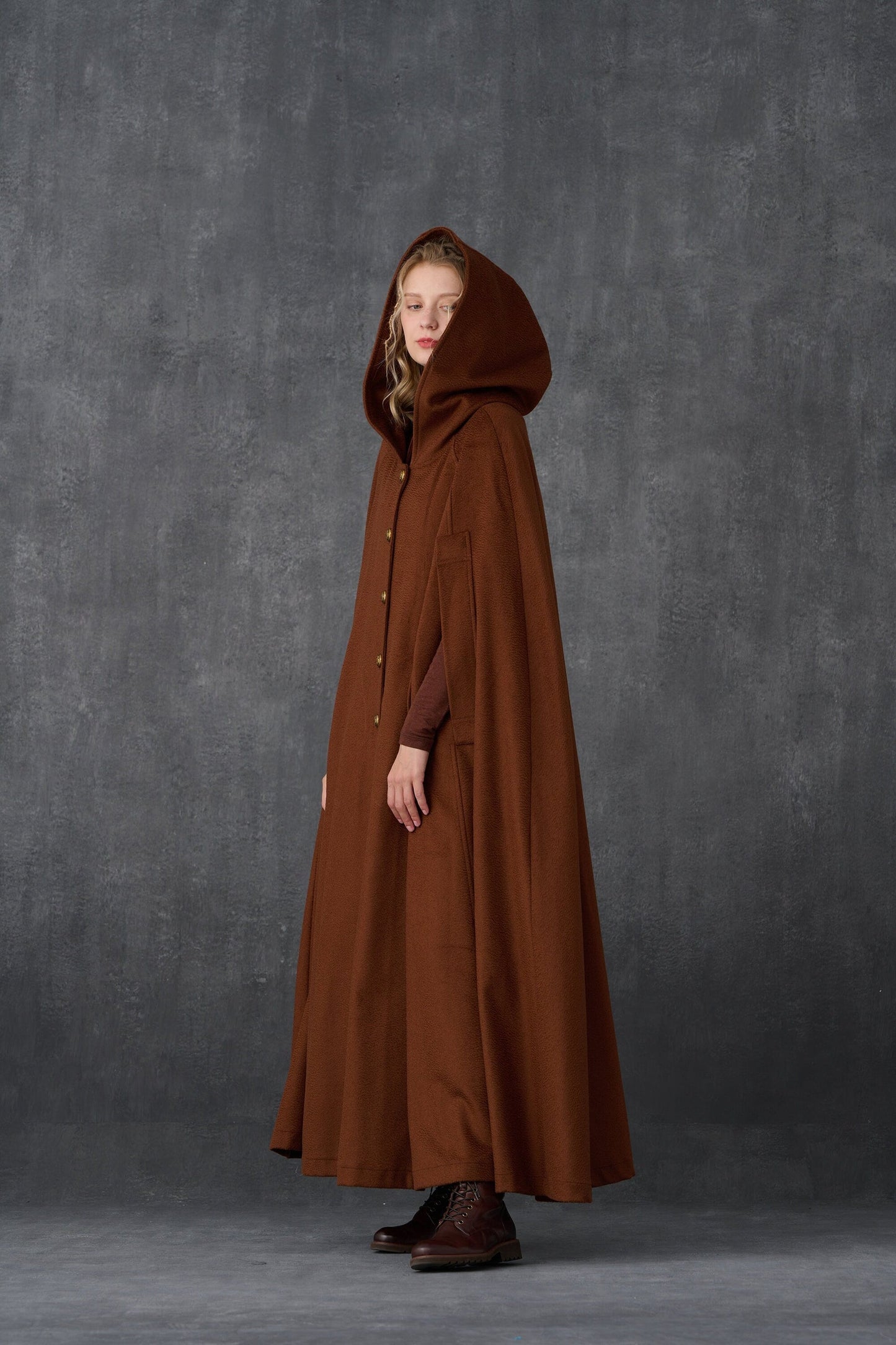 PARINI BROWN MAXI HOODED WOOL CLOAK COAT