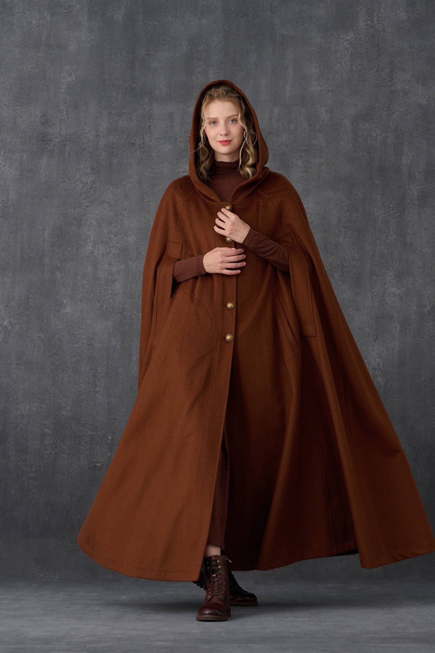 PARINI OLIVE MAXI HOODED WOOL CLOAK COAT