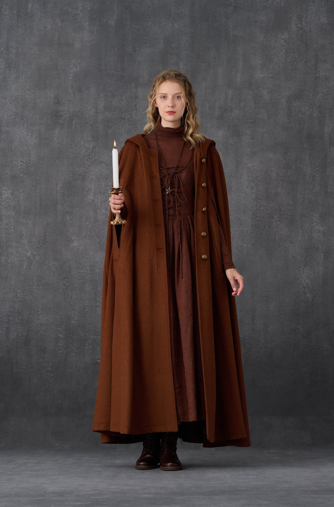 PARINI BROWN MAXI HOODED WOOL CLOAK COAT
