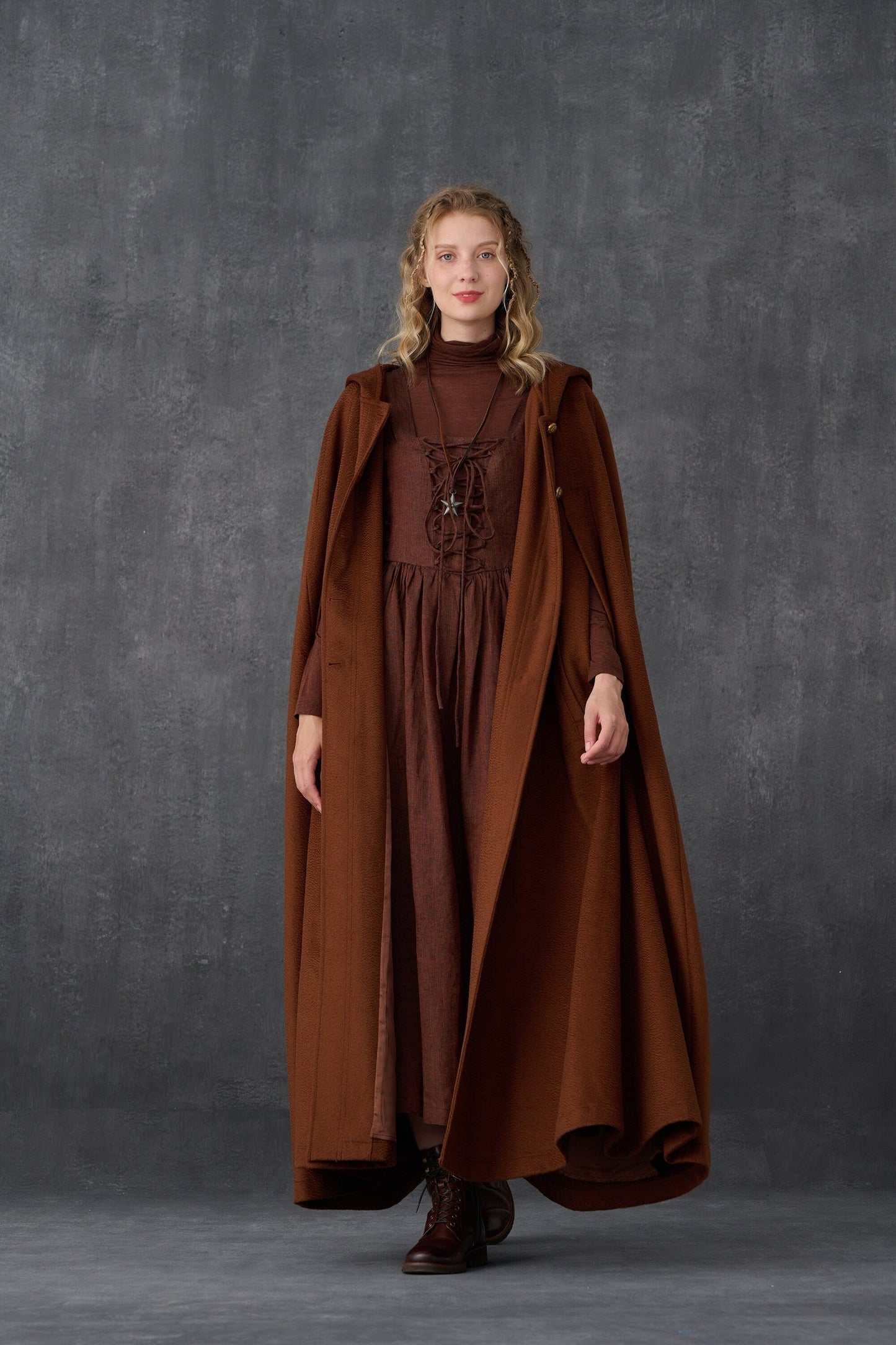 PARINI BROWN MAXI HOODED WOOL CLOAK COAT