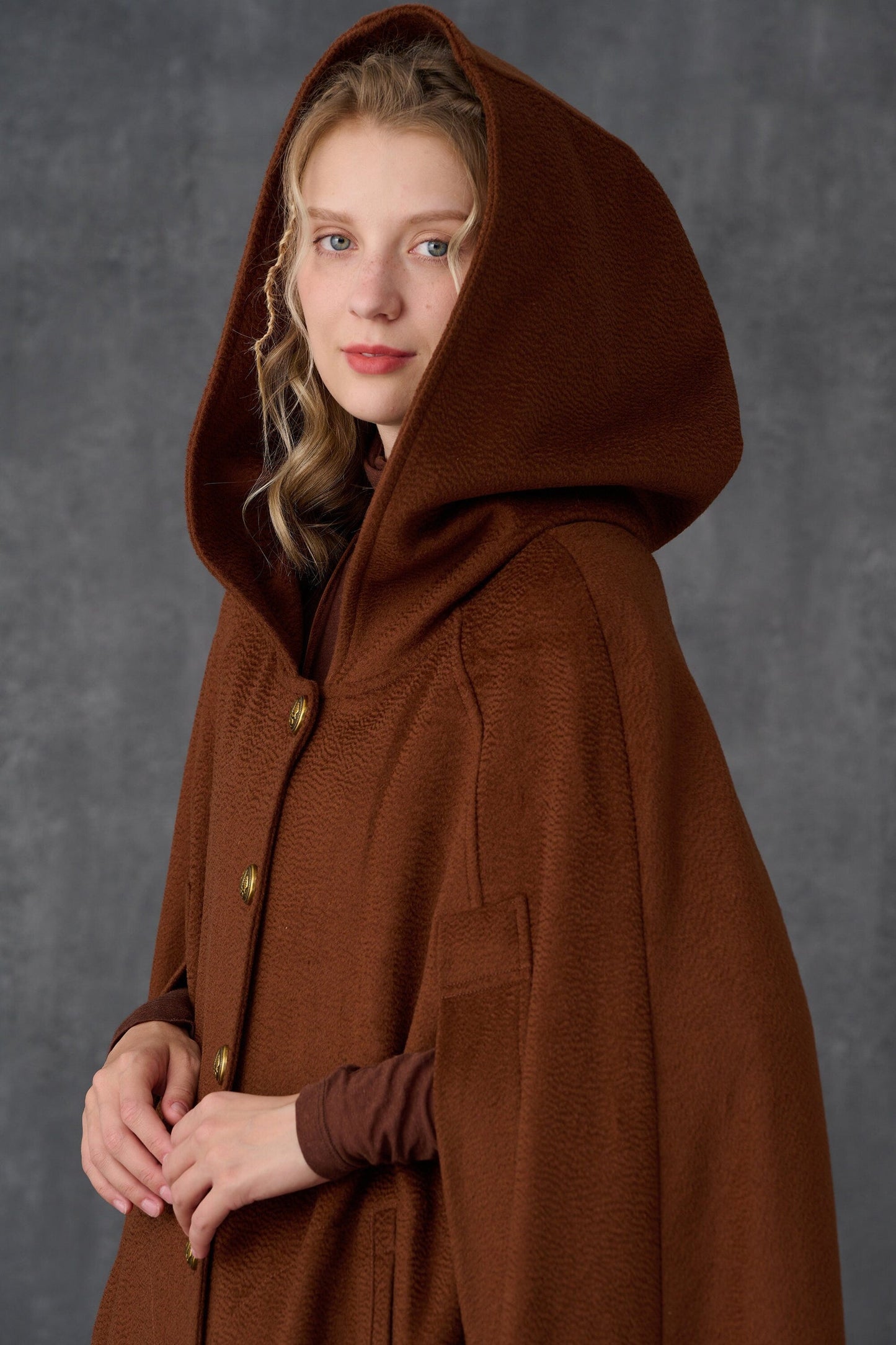 PARINI BROWN MAXI HOODED WOOL CLOAK COAT