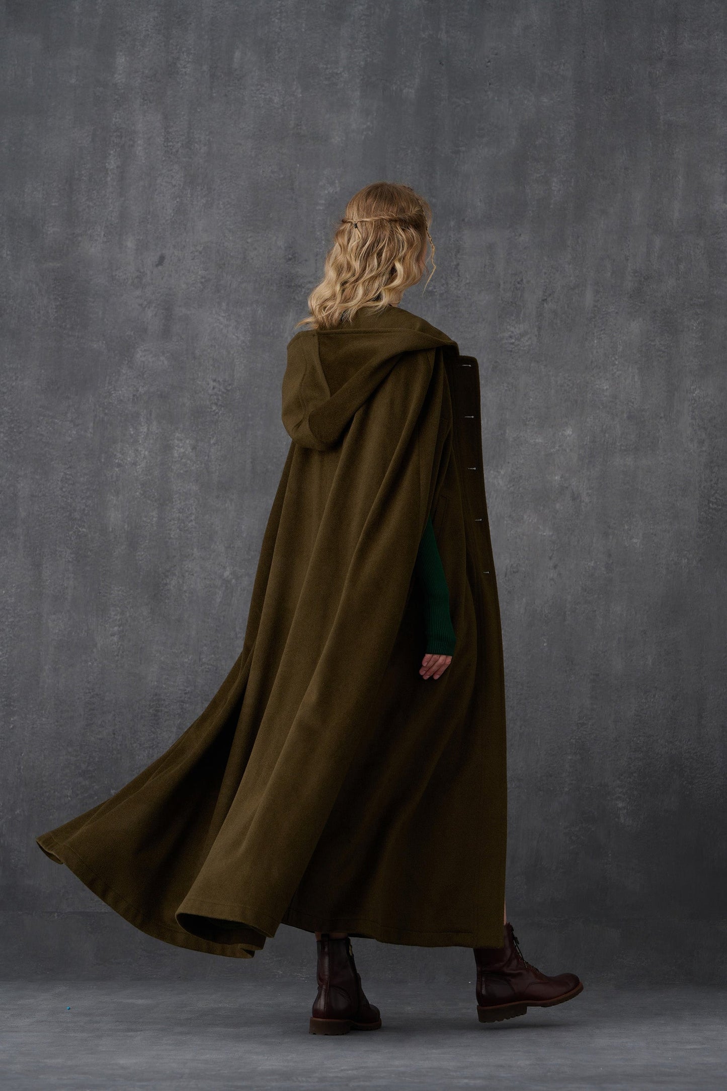 PARINI OLIVE MAXI HOODED WOOL CLOAK COAT
