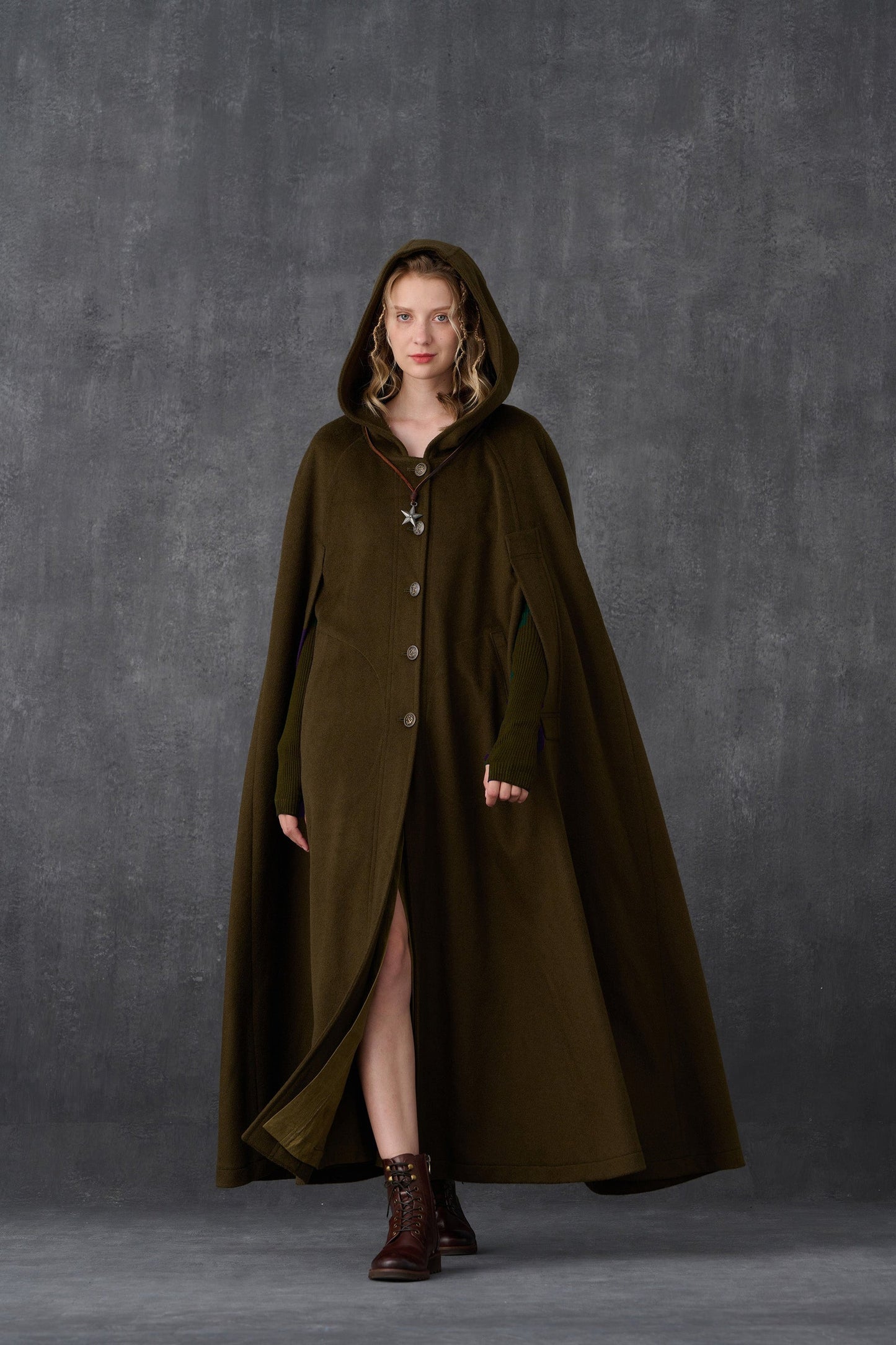 PARINI OLIVE MAXI HOODED WOOL CLOAK COAT