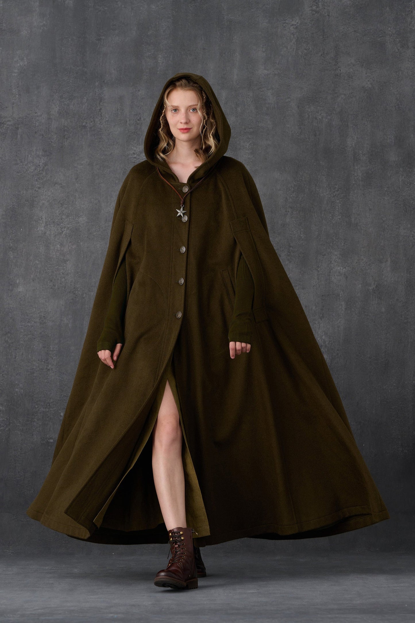 PARINI OLIVE MAXI HOODED WOOL CLOAK COAT