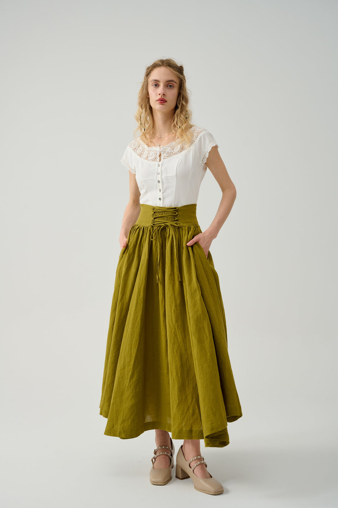 TEA DANCE LACE-UP MAXI LINEN SKIRT
