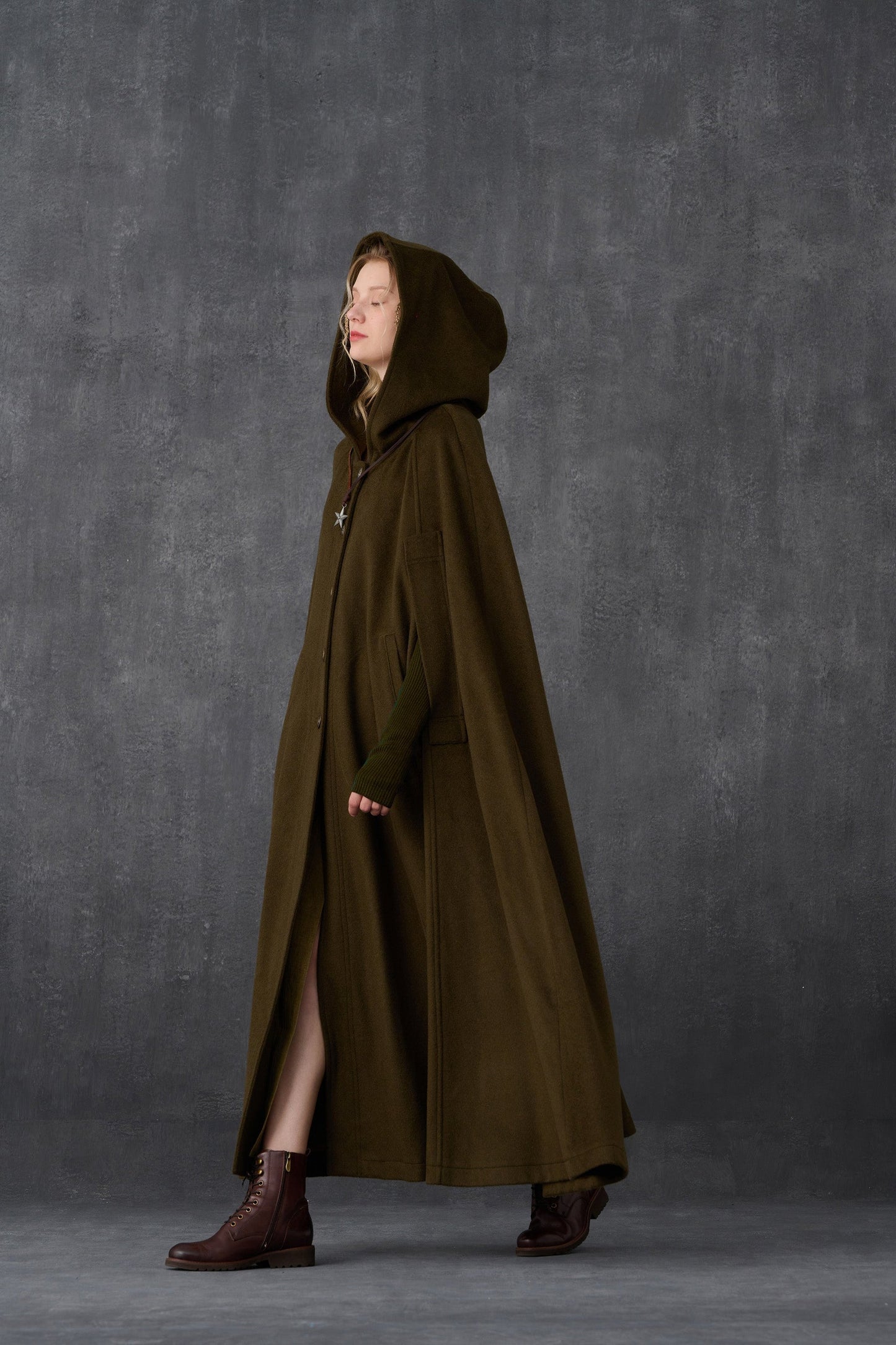 PARINI OLIVE MAXI HOODED WOOL CLOAK COAT