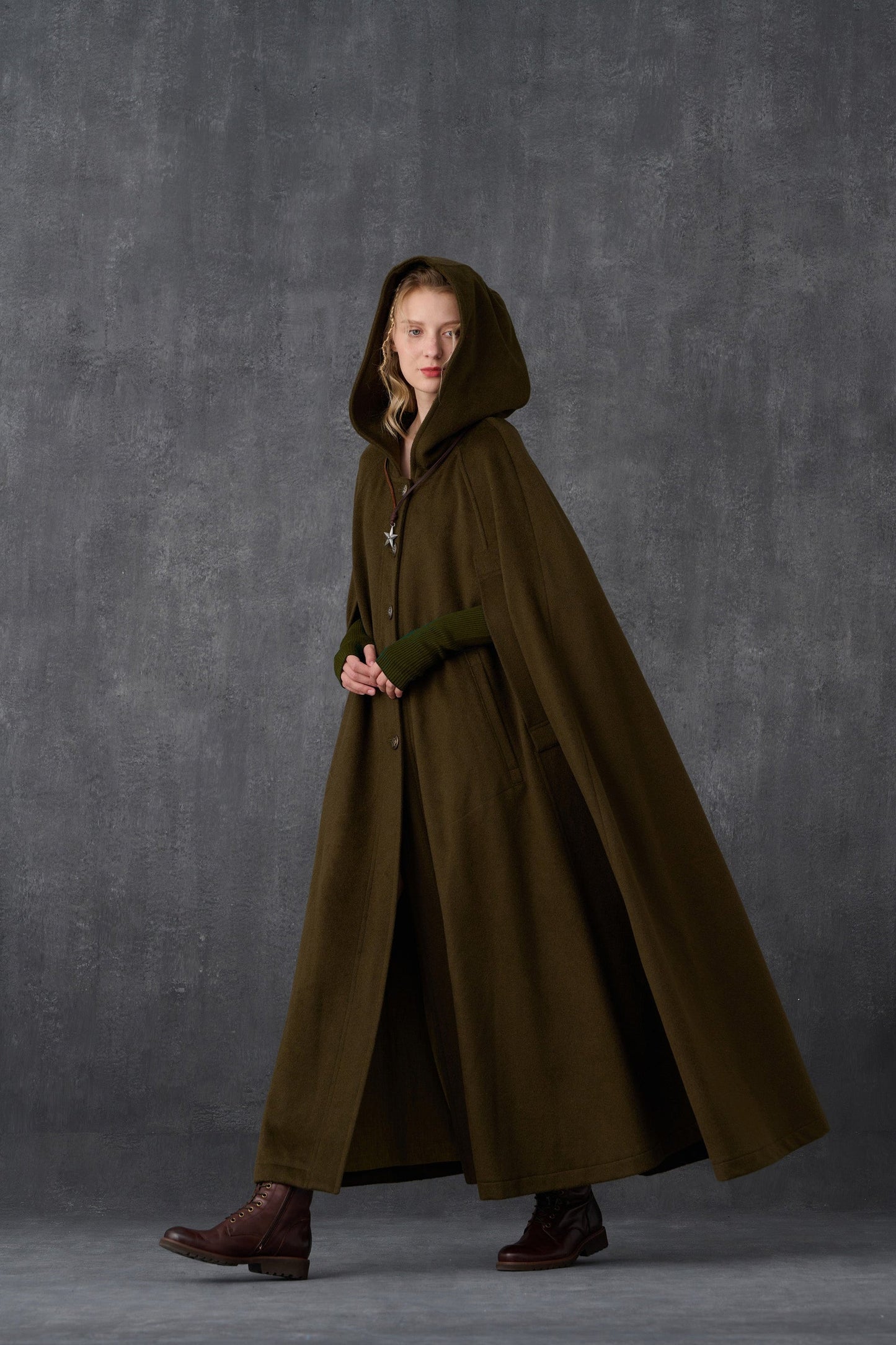 PARINI OLIVE MAXI HOODED WOOL CLOAK COAT