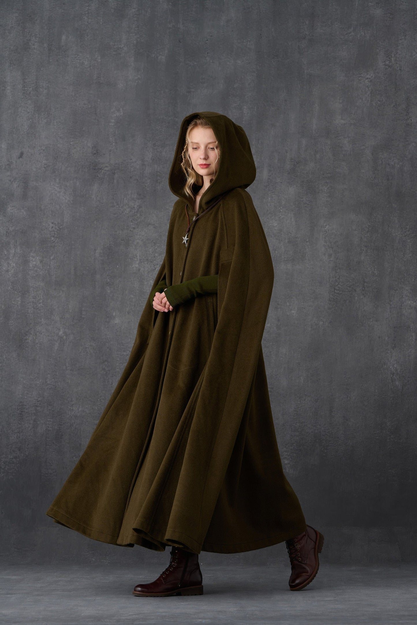 PARINI OLIVE MAXI HOODED WOOL CLOAK COAT