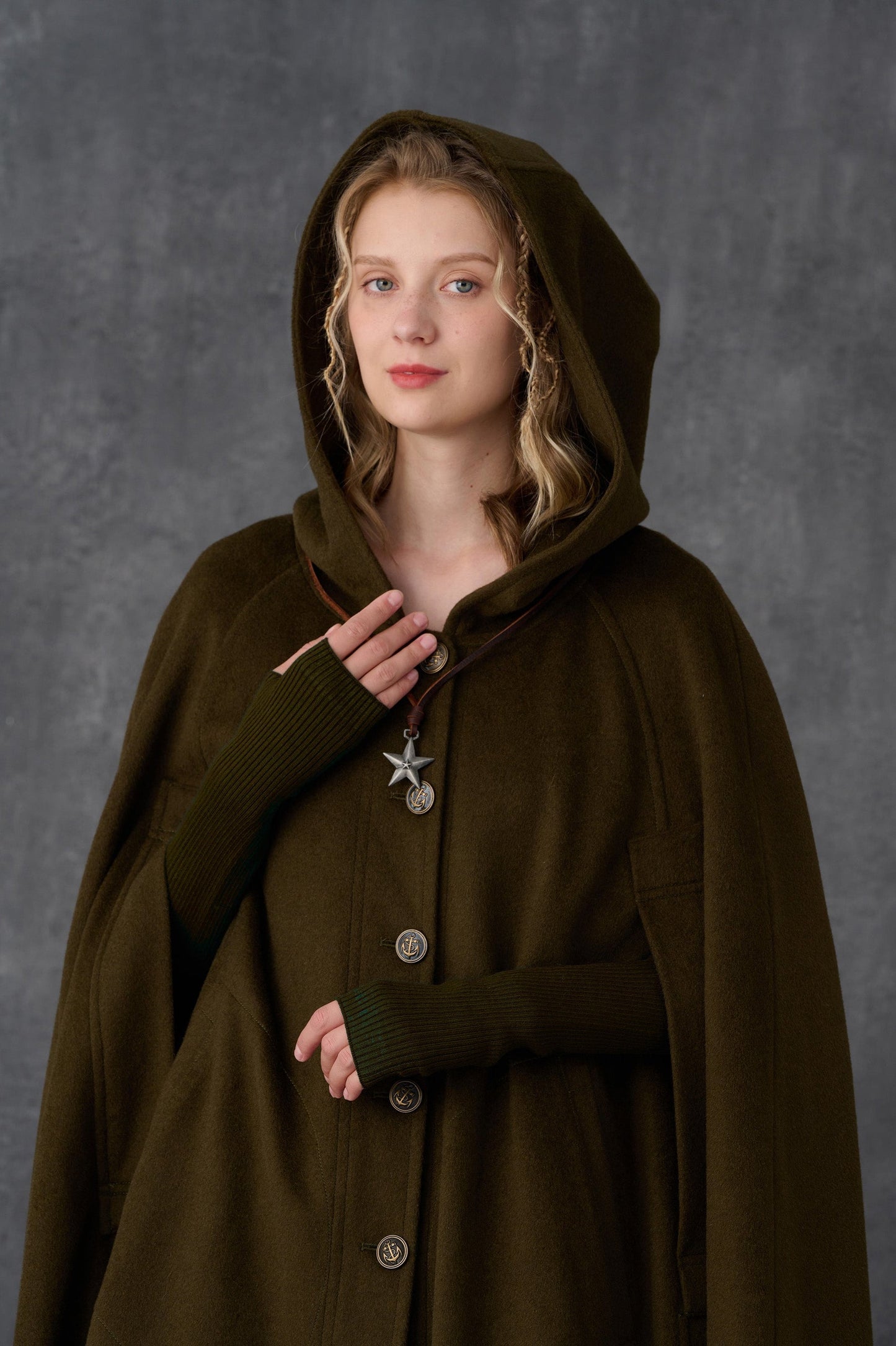 PARINI OLIVE MAXI HOODED WOOL CLOAK COAT
