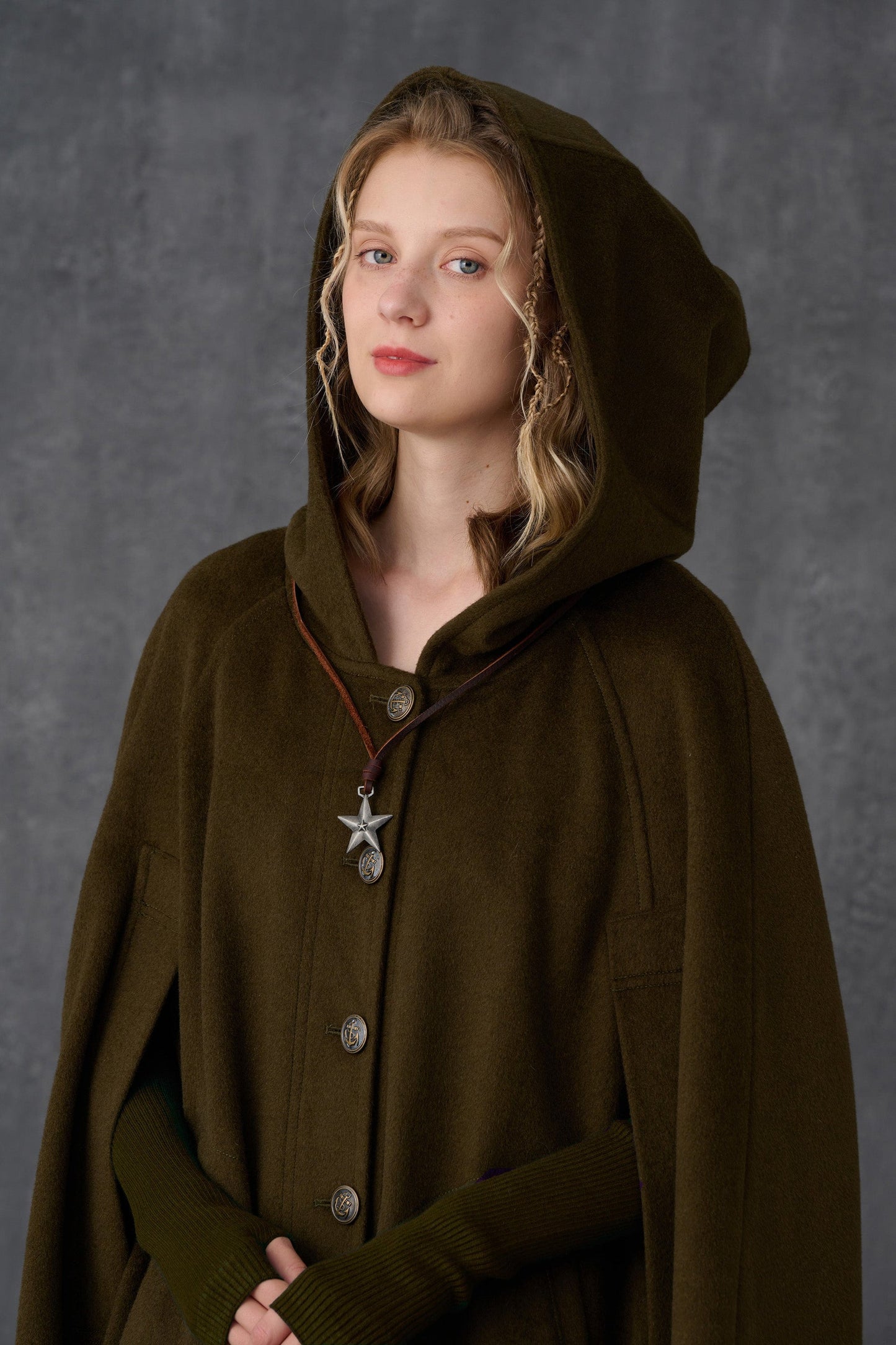 PARINI OLIVE MAXI HOODED WOOL CLOAK COAT