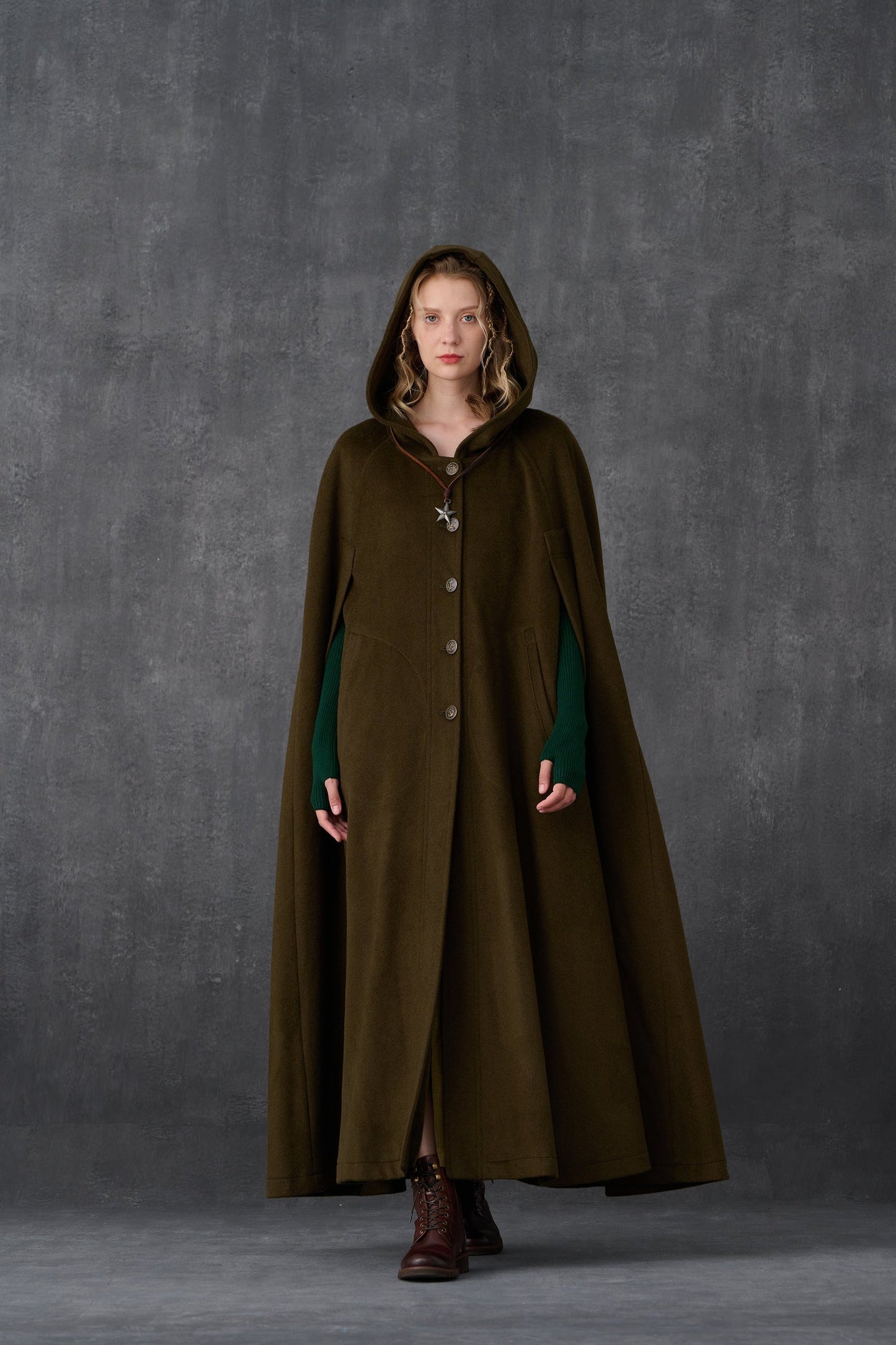 PARINI OLIVE MAXI HOODED WOOL CLOAK COAT