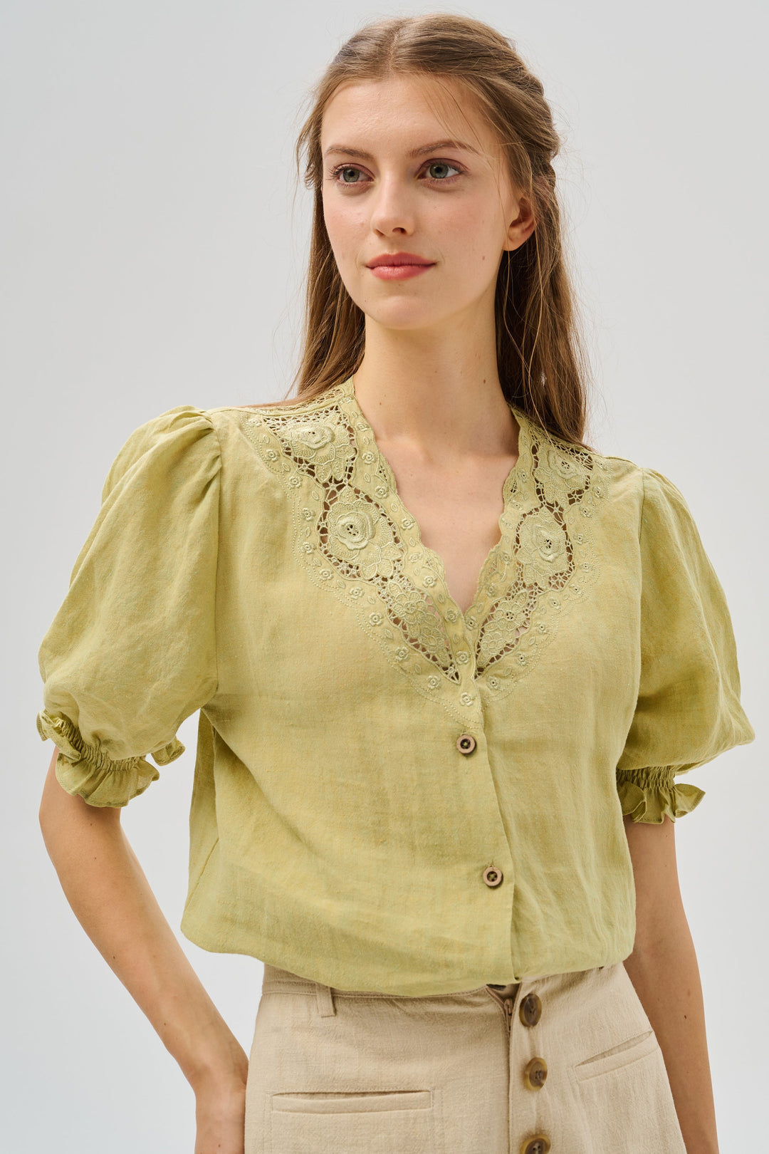 OPENWORK 100% LINEN BLOUSE WITH LACE