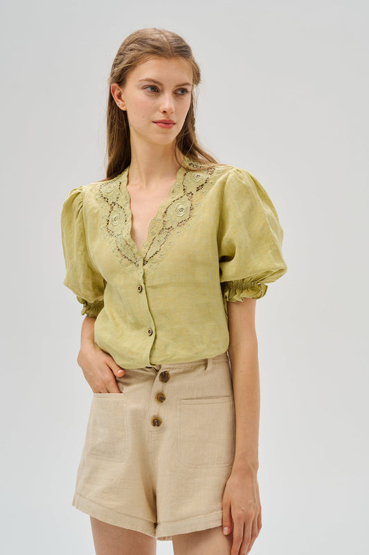OPENWORK 100% LINEN BLOUSE WITH LACE