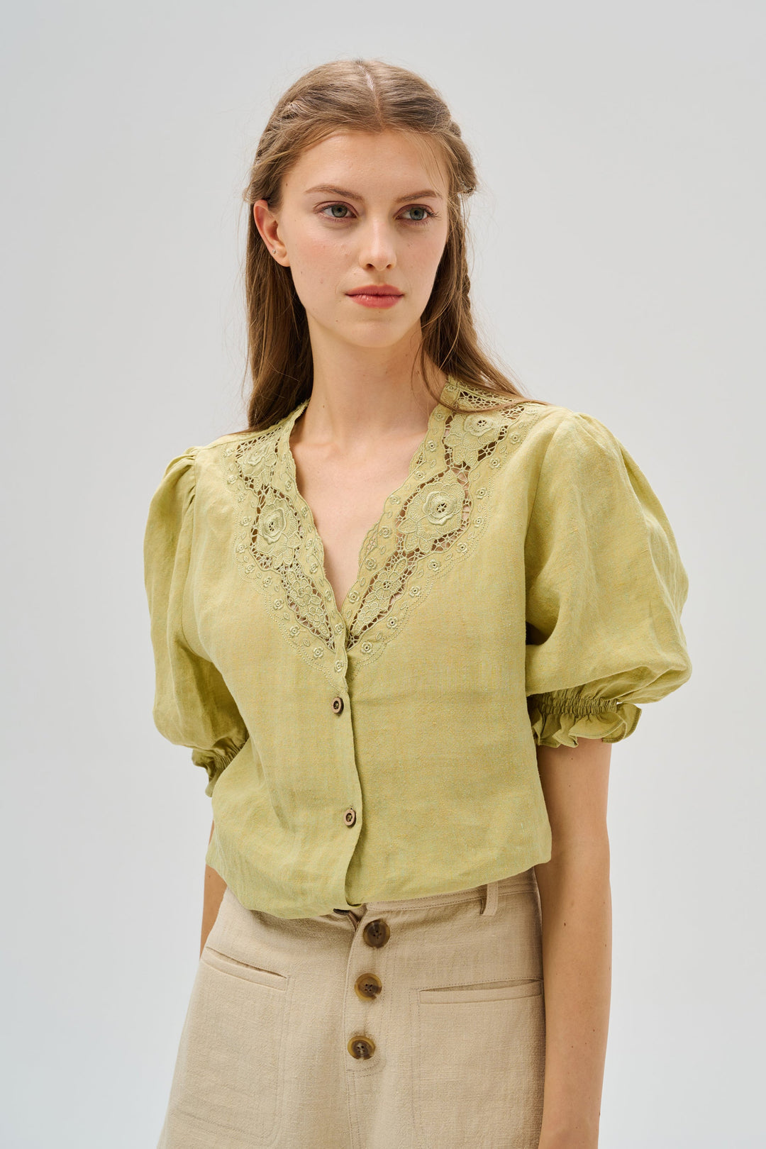 OPENWORK 100% LINEN BLOUSE WITH LACE