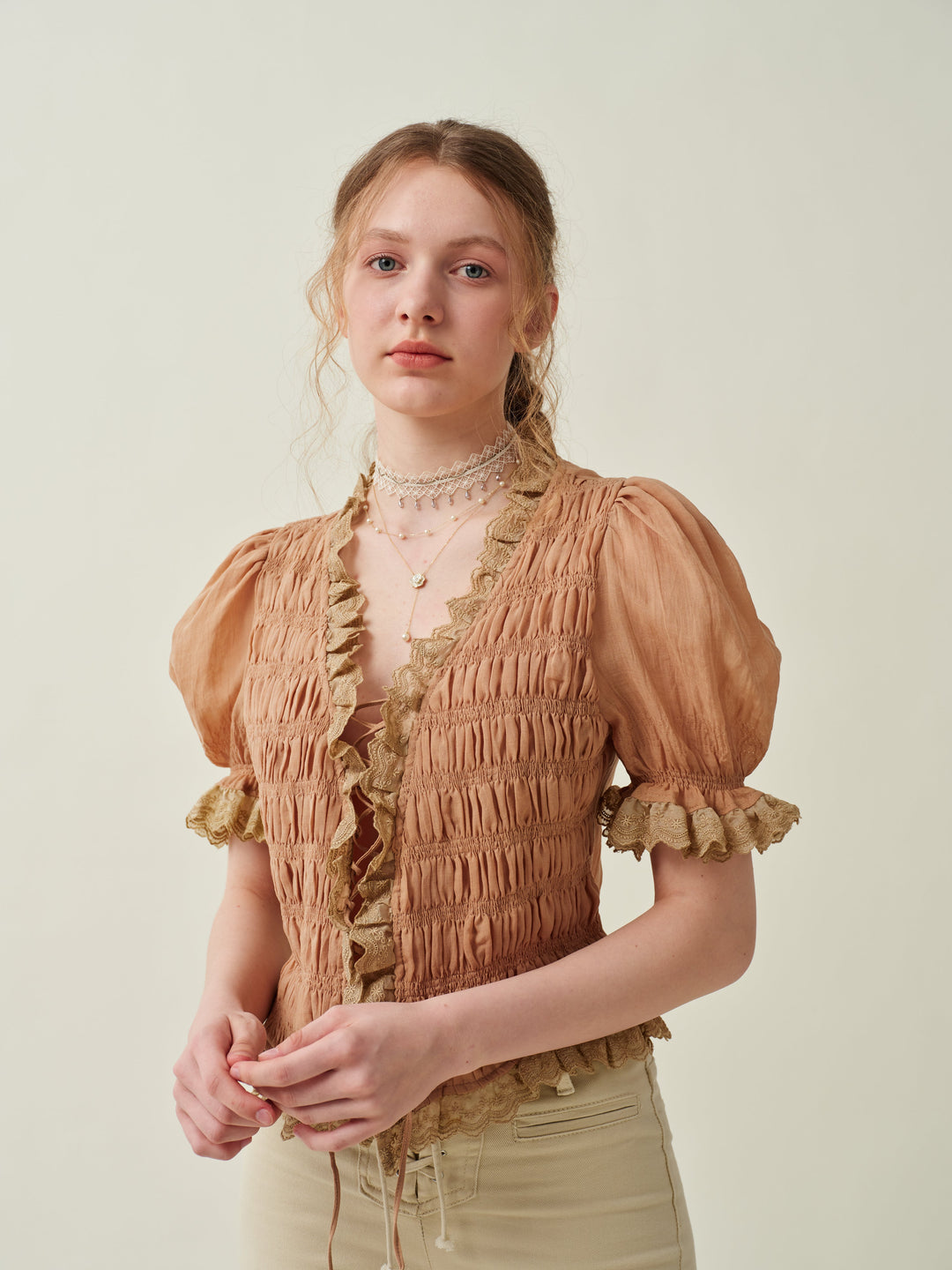 LUNA LACE UP LINEN TOP BLOUSE