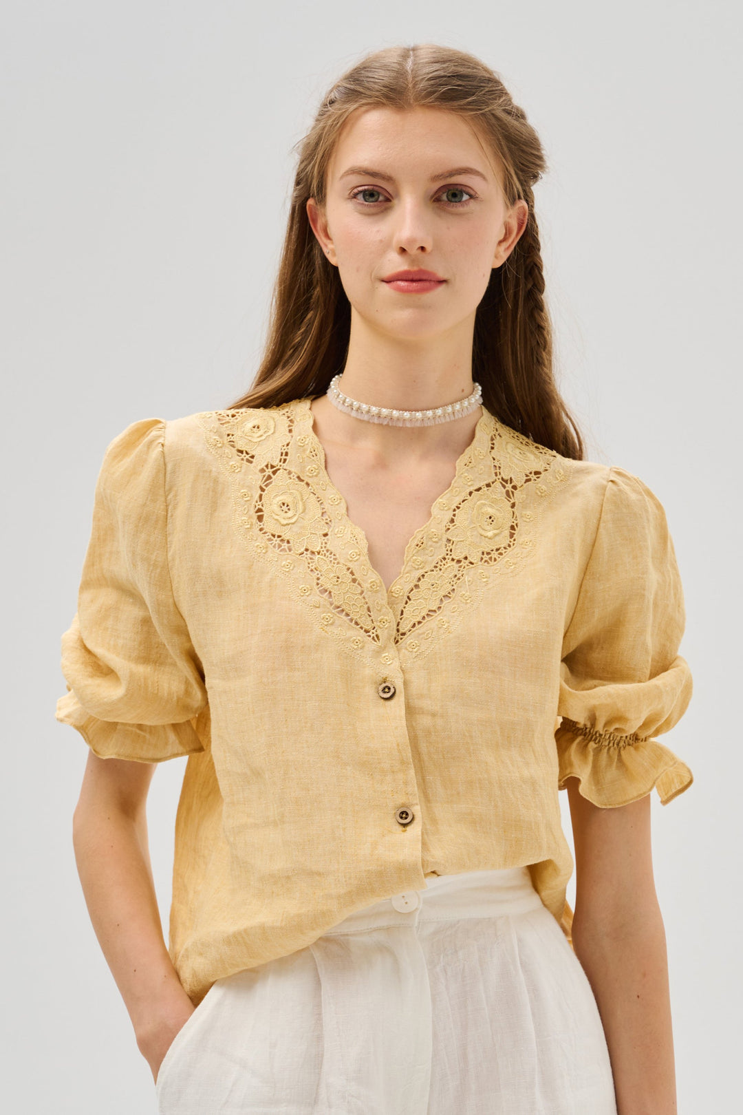 OPENWORK 100% LINEN BLOUSE WITH LACE