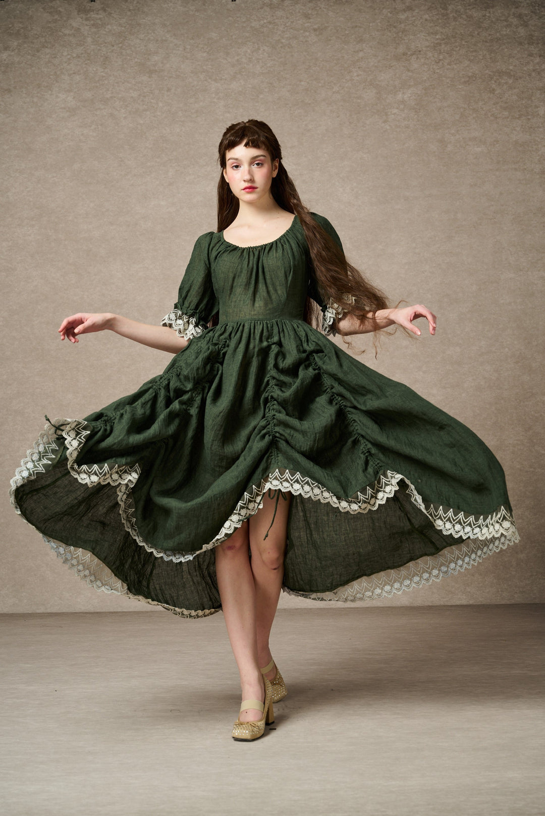 ELOWEN LACE LINEN DRESS GOWN ( 2 WAY TO WEAR )