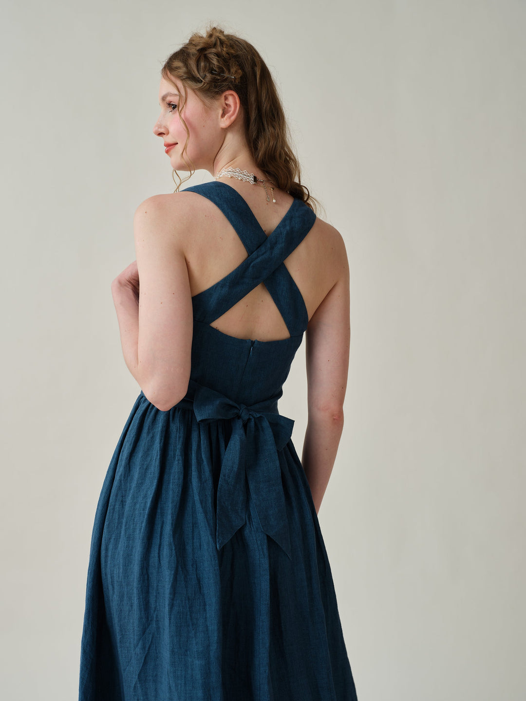 VETIVER CROSS BACK LINEN DRESS