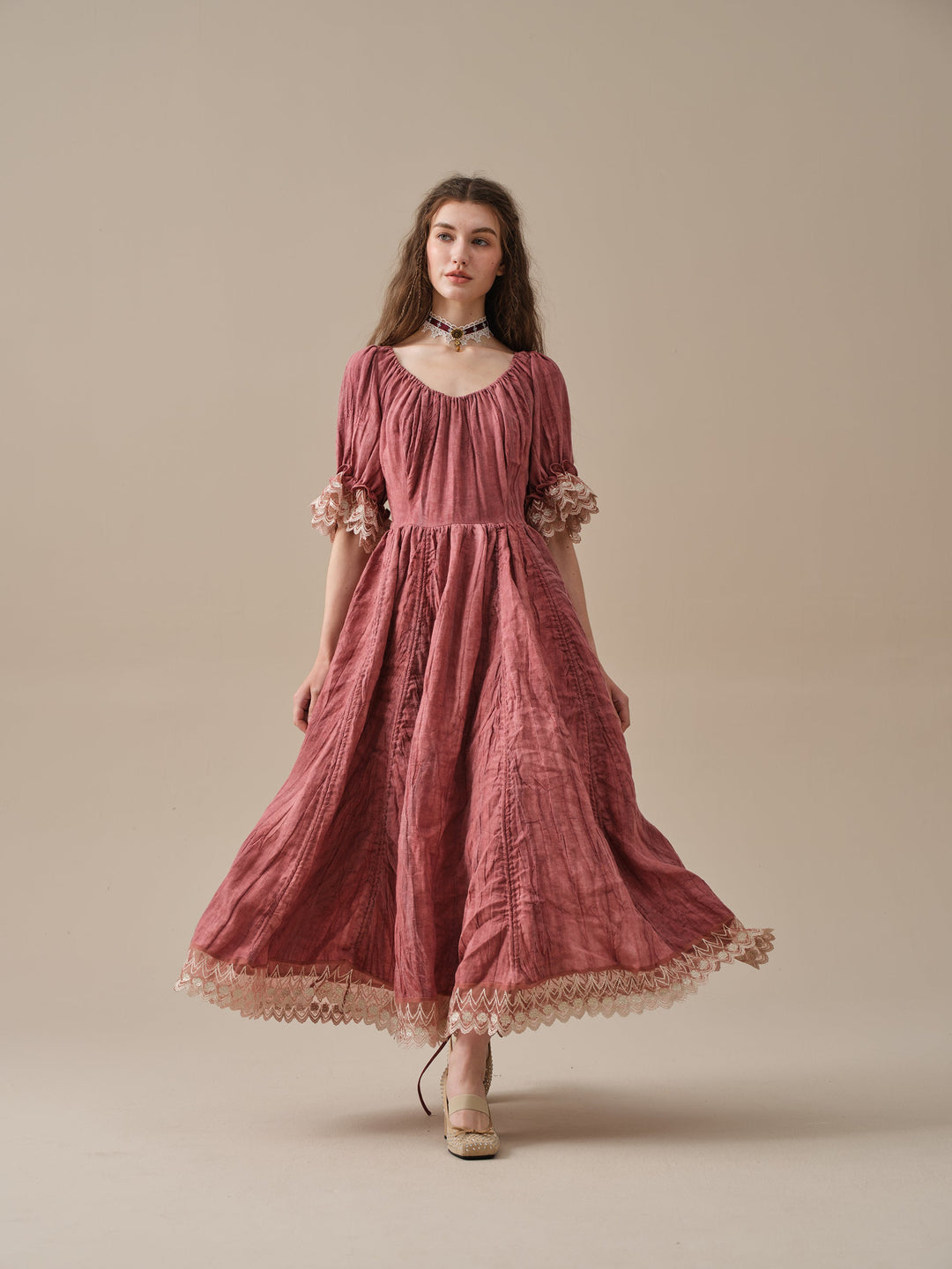 ELOWEN LACE LINEN DRESS GOWN ( 2 WAY TO WEAR )