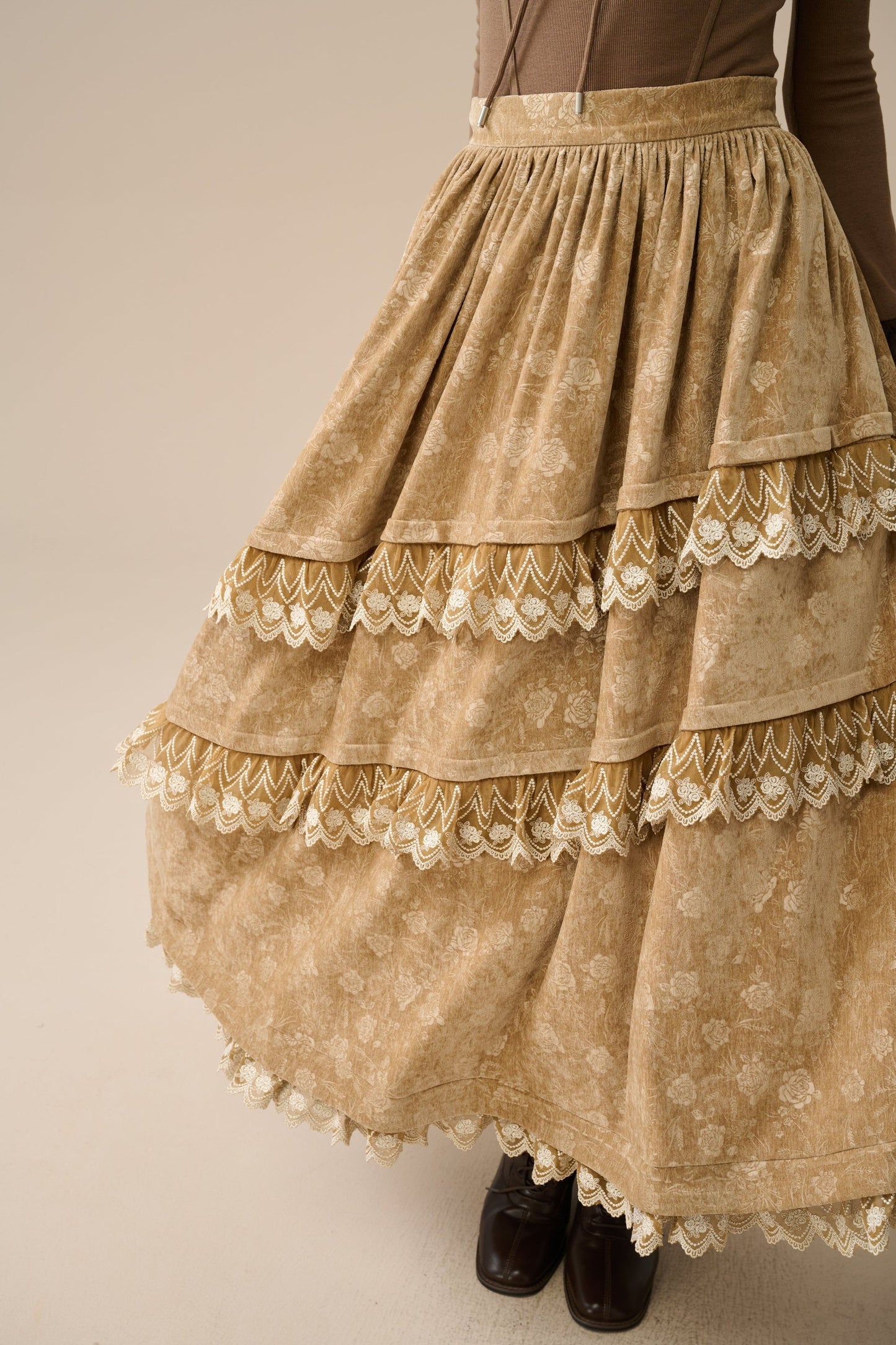 MONICA LAYERED VELVET SKIRT WITH LACE