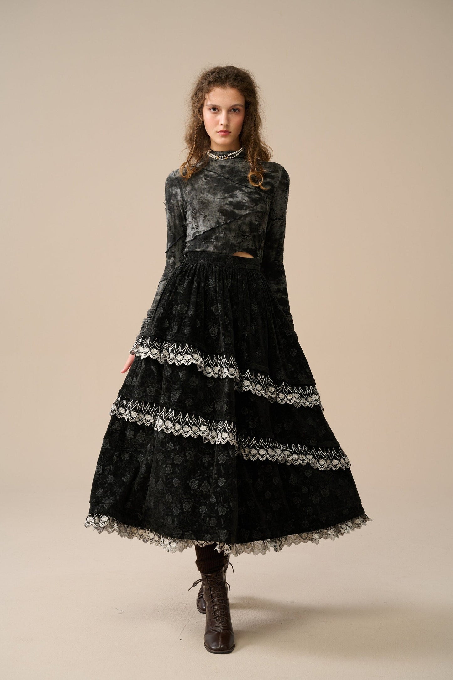 MONICA LAYERED VELVET SKIRT WITH LACE