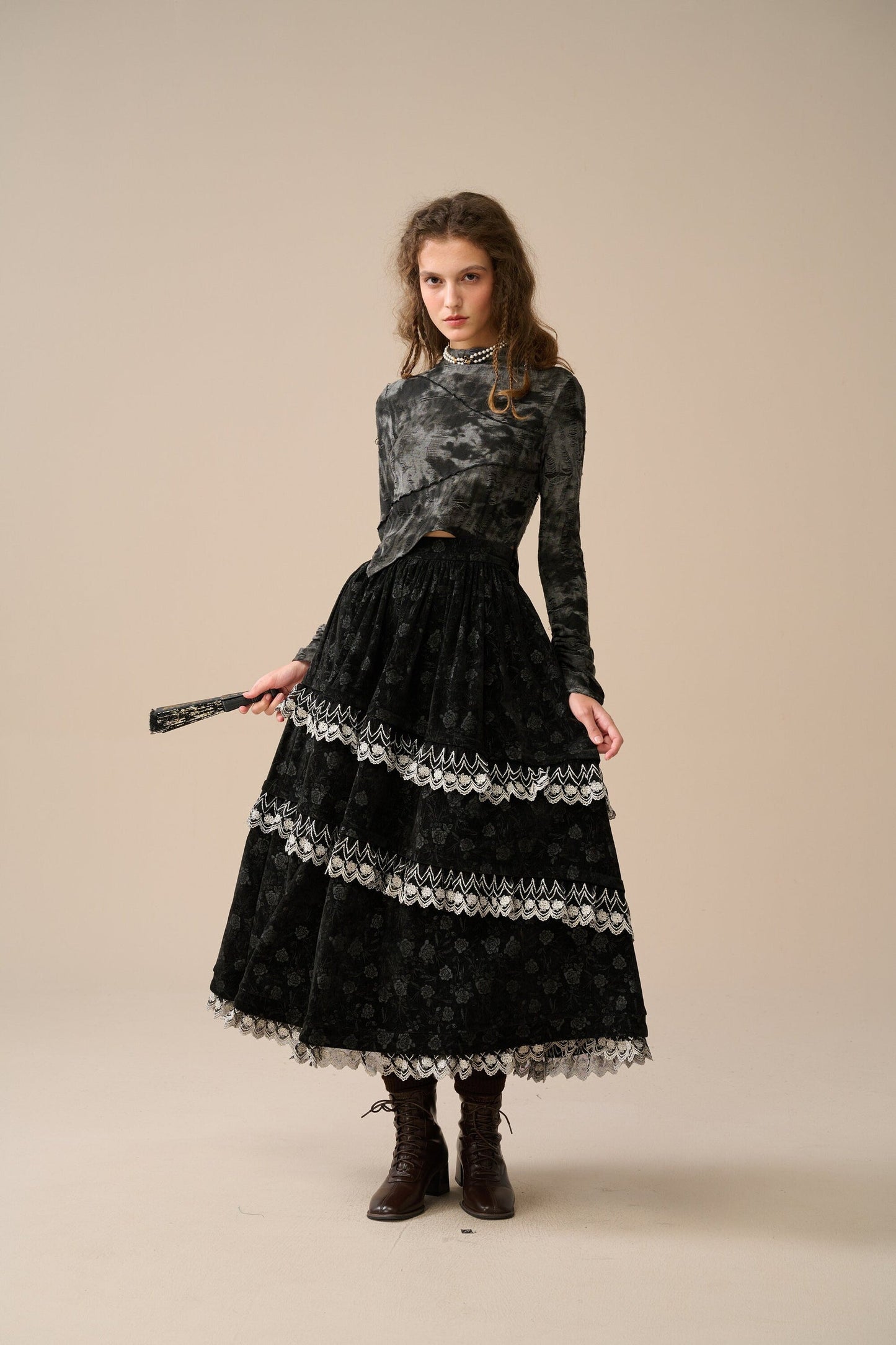 MONICA LAYERED VELVET SKIRT WITH LACE