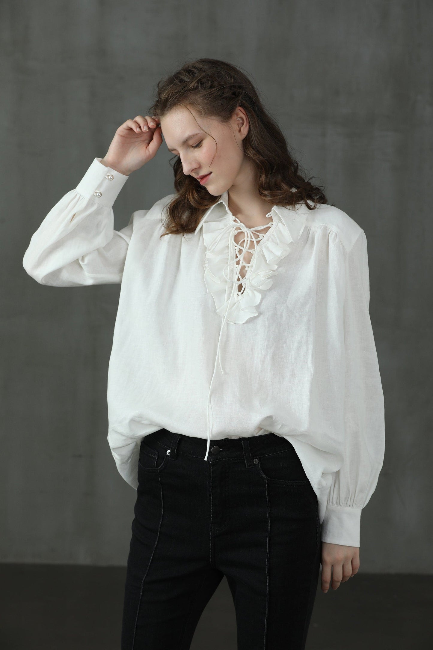 LAUREL LACE-UP LINEN BLOUSE SHIRT